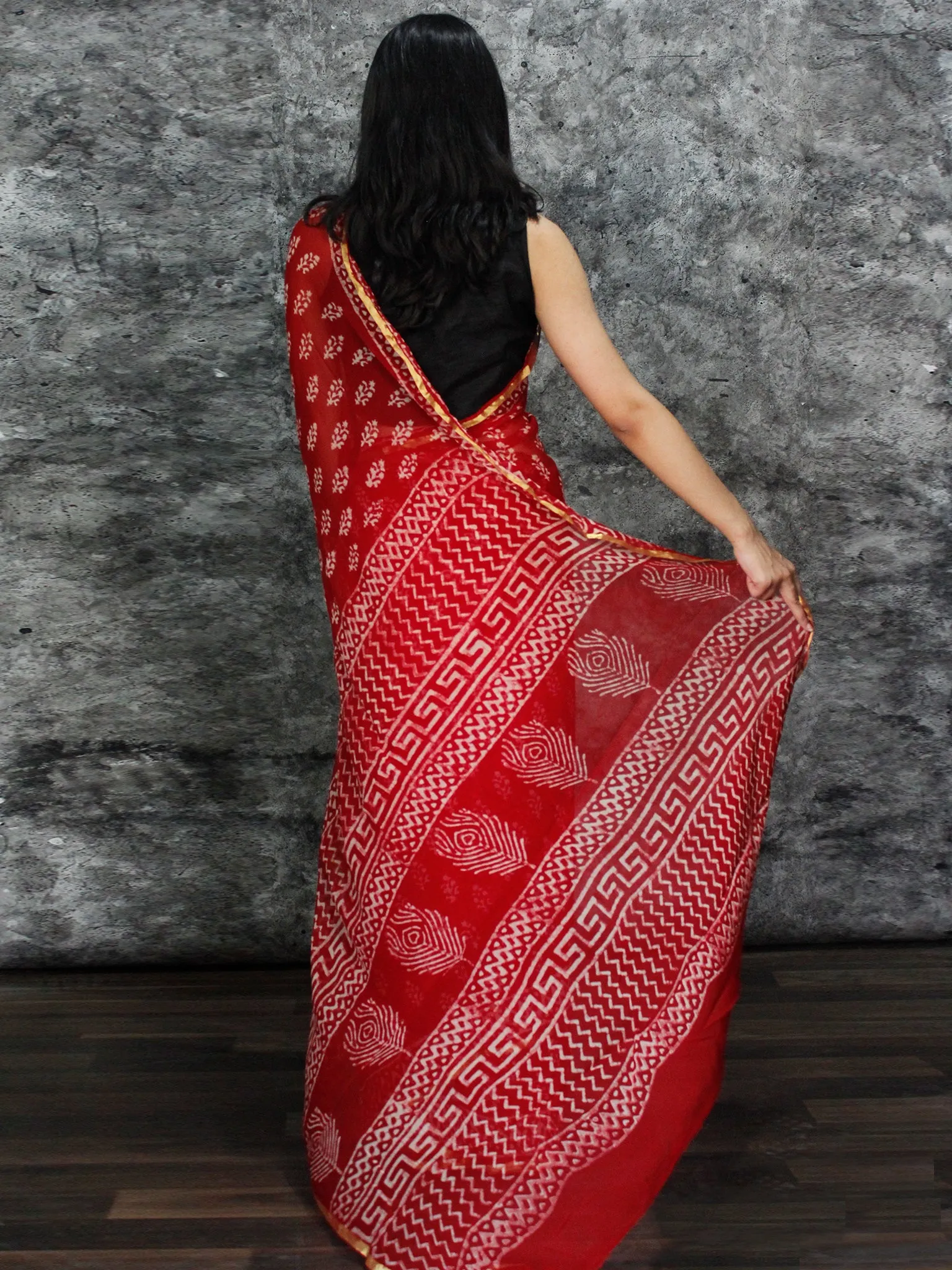 Red White Hand Block Printed Chiffon Saree with Zari Border - S031703131