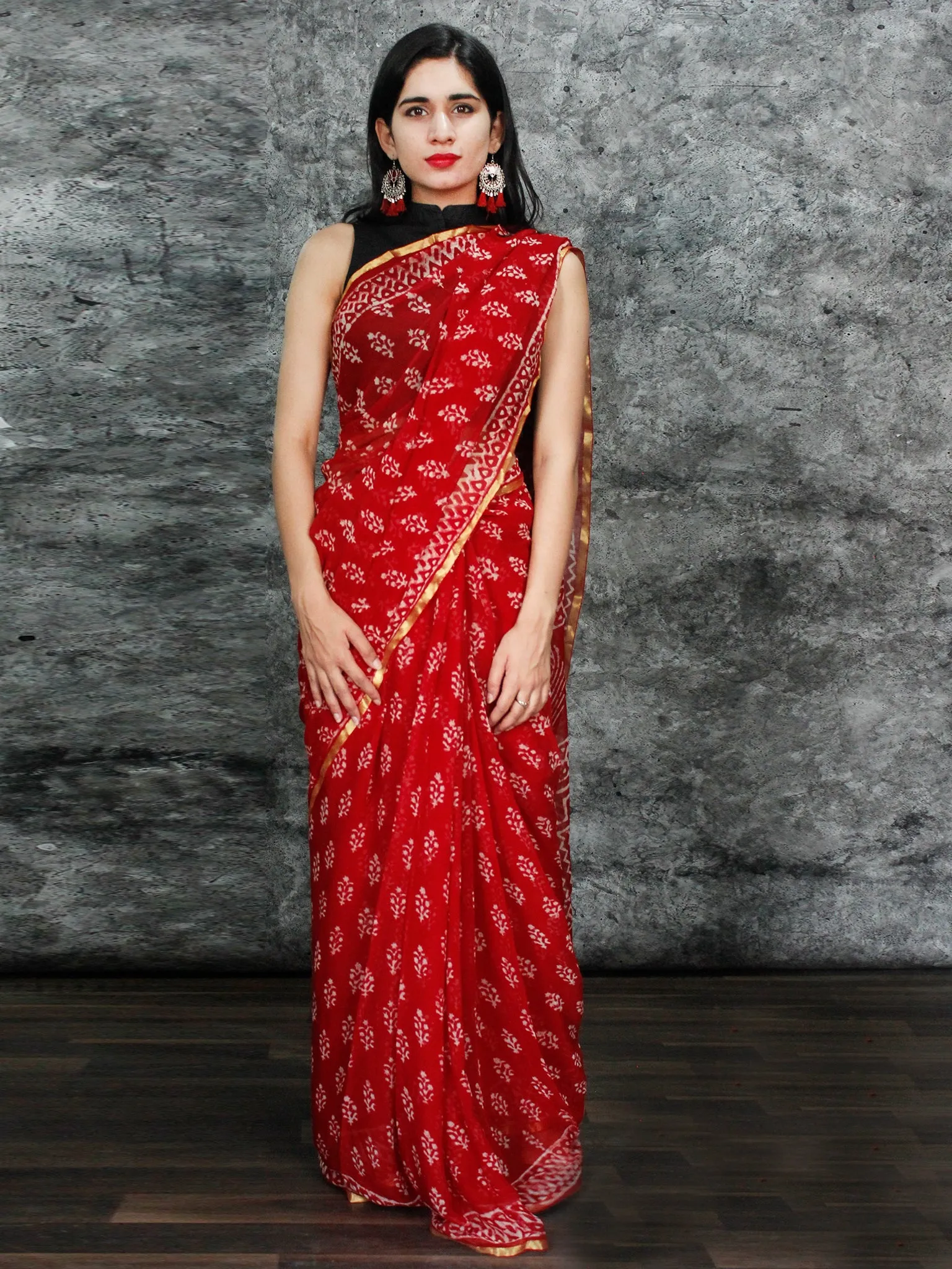 Red White Hand Block Printed Chiffon Saree with Zari Border - S031703131