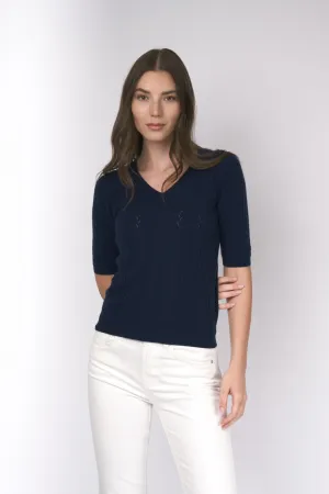 Robertson Madison 100% Cashmere Short Sleeve V Neck Sweater CC-269 | Navy | Clearance Final Sale