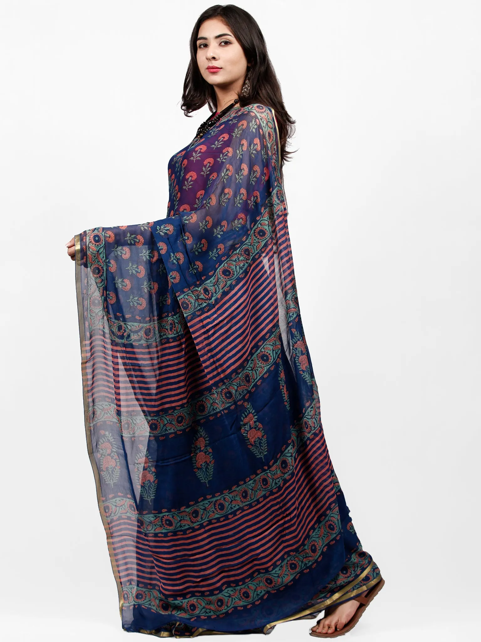 Royal Blue Coral Green Hand Block Printed Chiffon Saree with Zari Border - S031703238