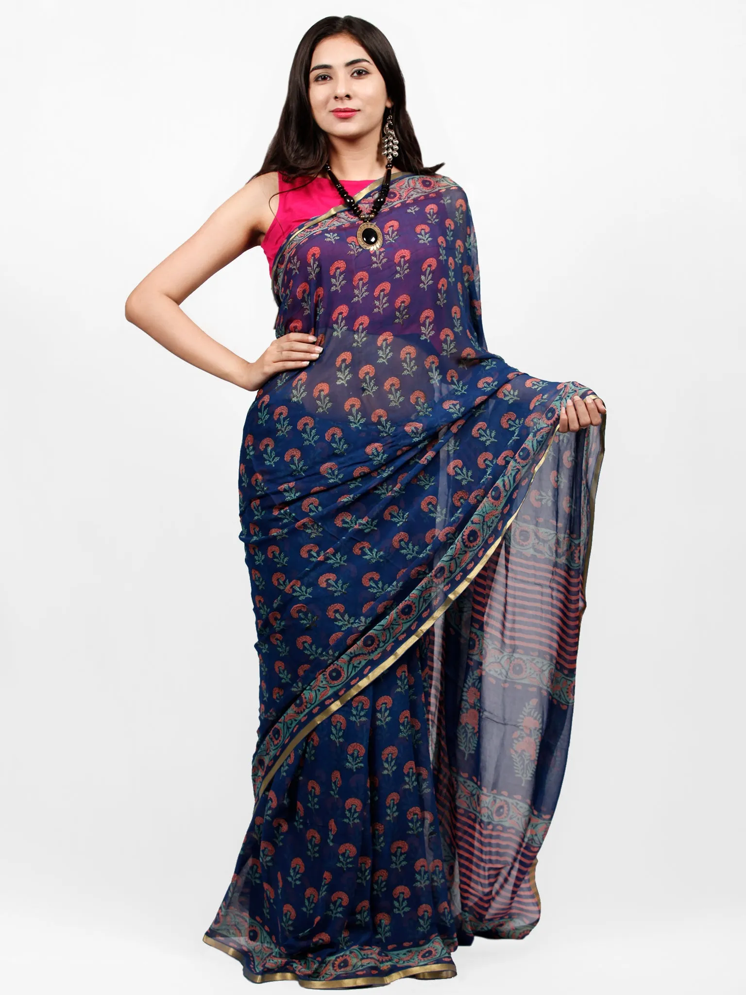 Royal Blue Coral Green Hand Block Printed Chiffon Saree with Zari Border - S031703238