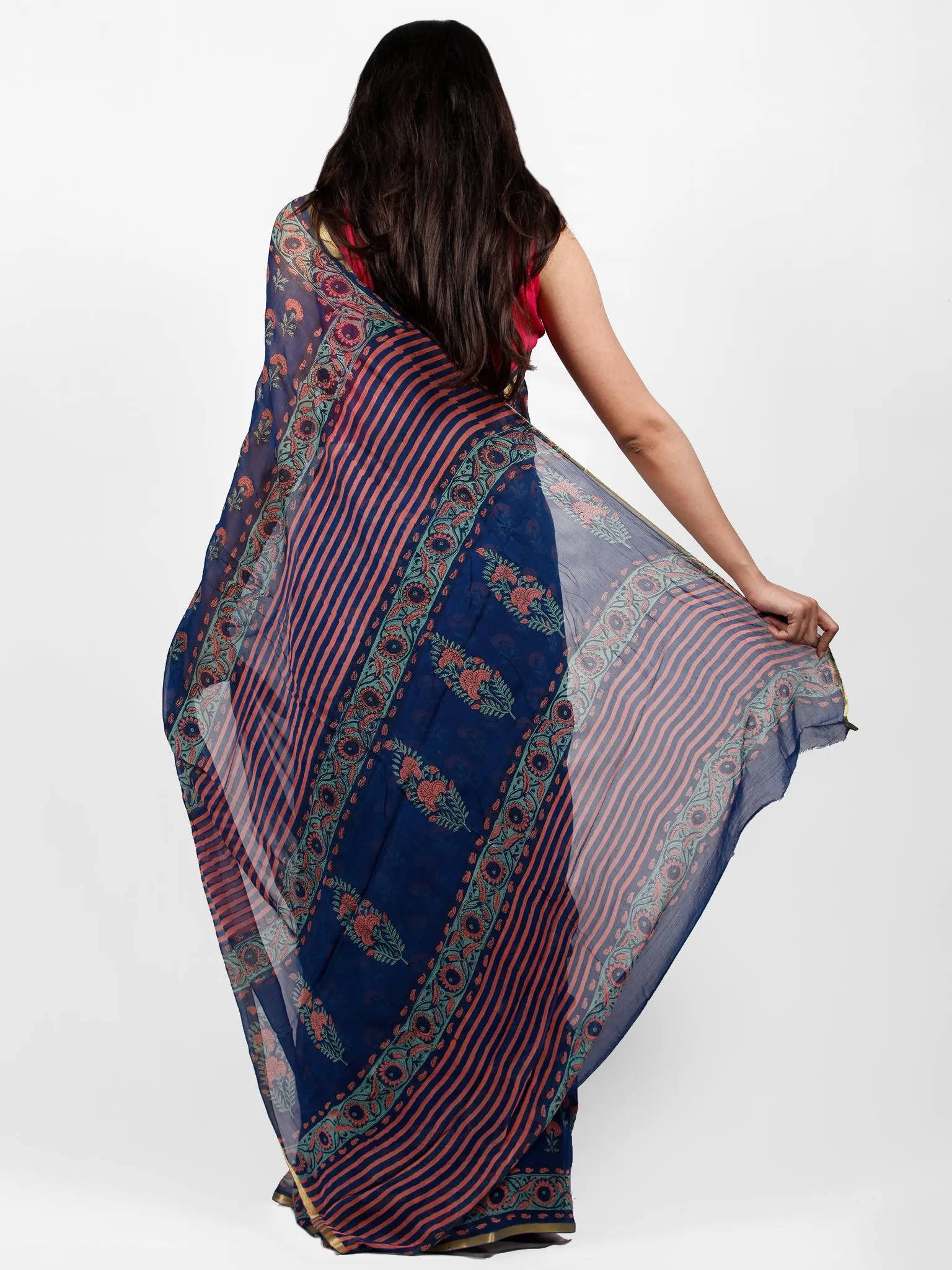 Royal Blue Coral Green Hand Block Printed Chiffon Saree with Zari Border - S031703238