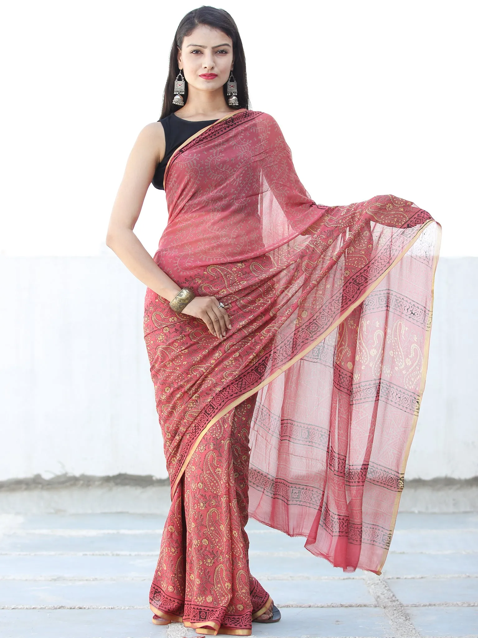 Ruby Red Mustard Hand Block Printed Chiffon Saree with Zari Border - S031703939