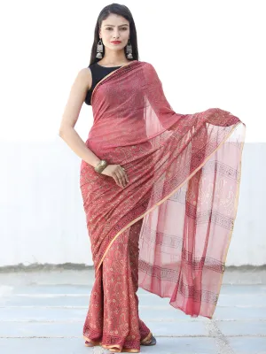 Ruby Red Mustard Hand Block Printed Chiffon Saree with Zari Border - S031703939