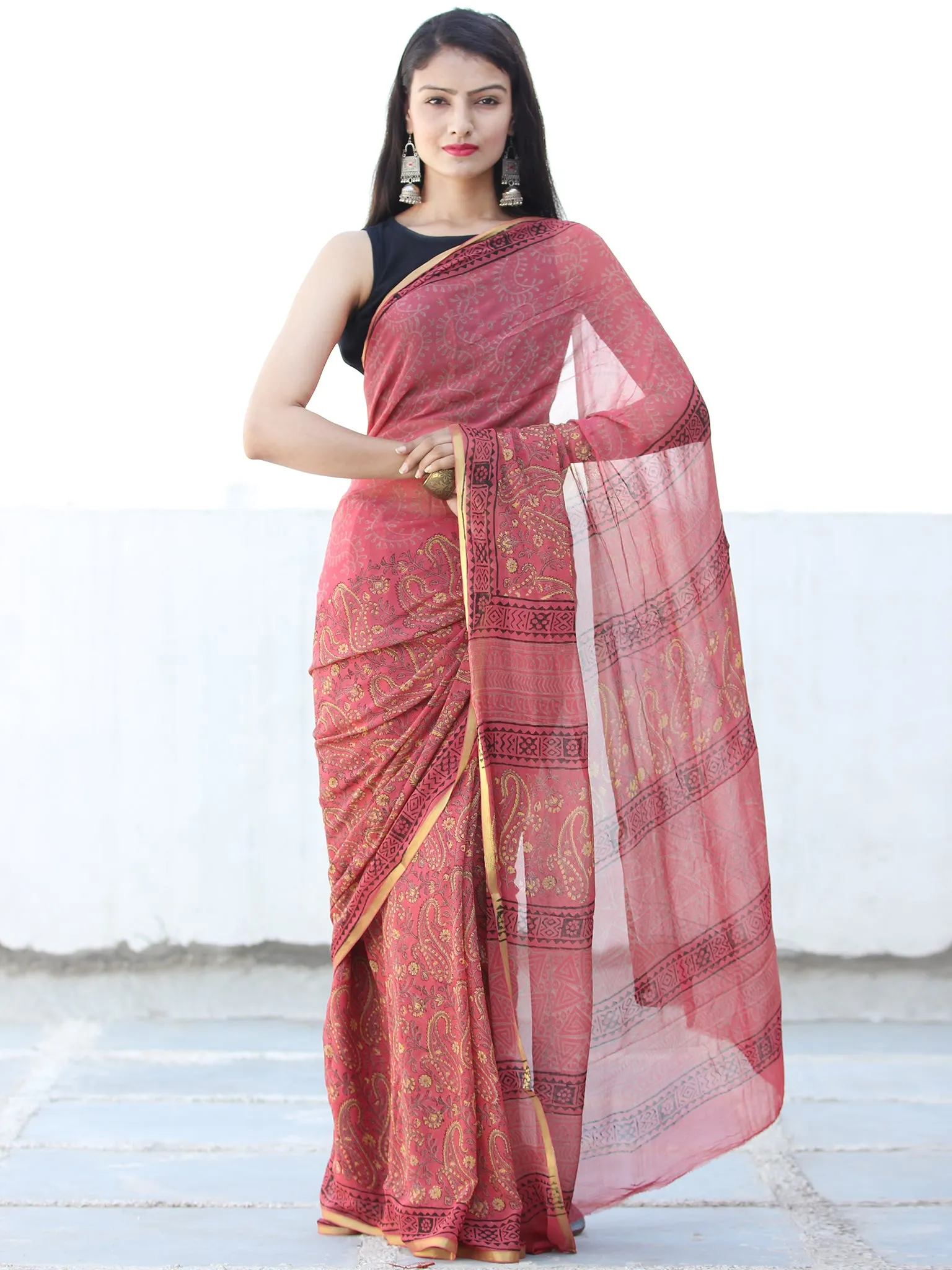 Ruby Red Mustard Hand Block Printed Chiffon Saree with Zari Border - S031703939