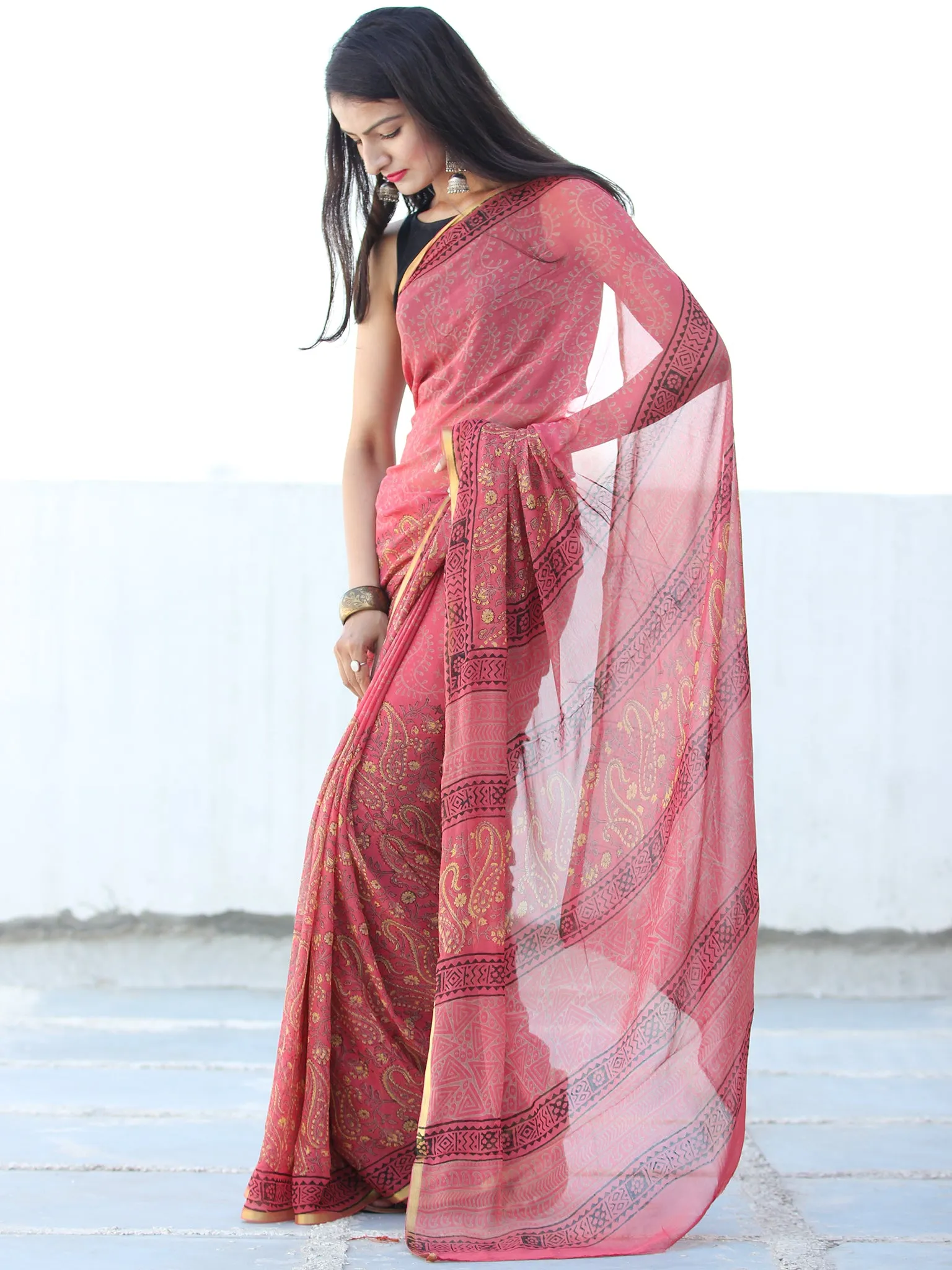 Ruby Red Mustard Hand Block Printed Chiffon Saree with Zari Border - S031703939