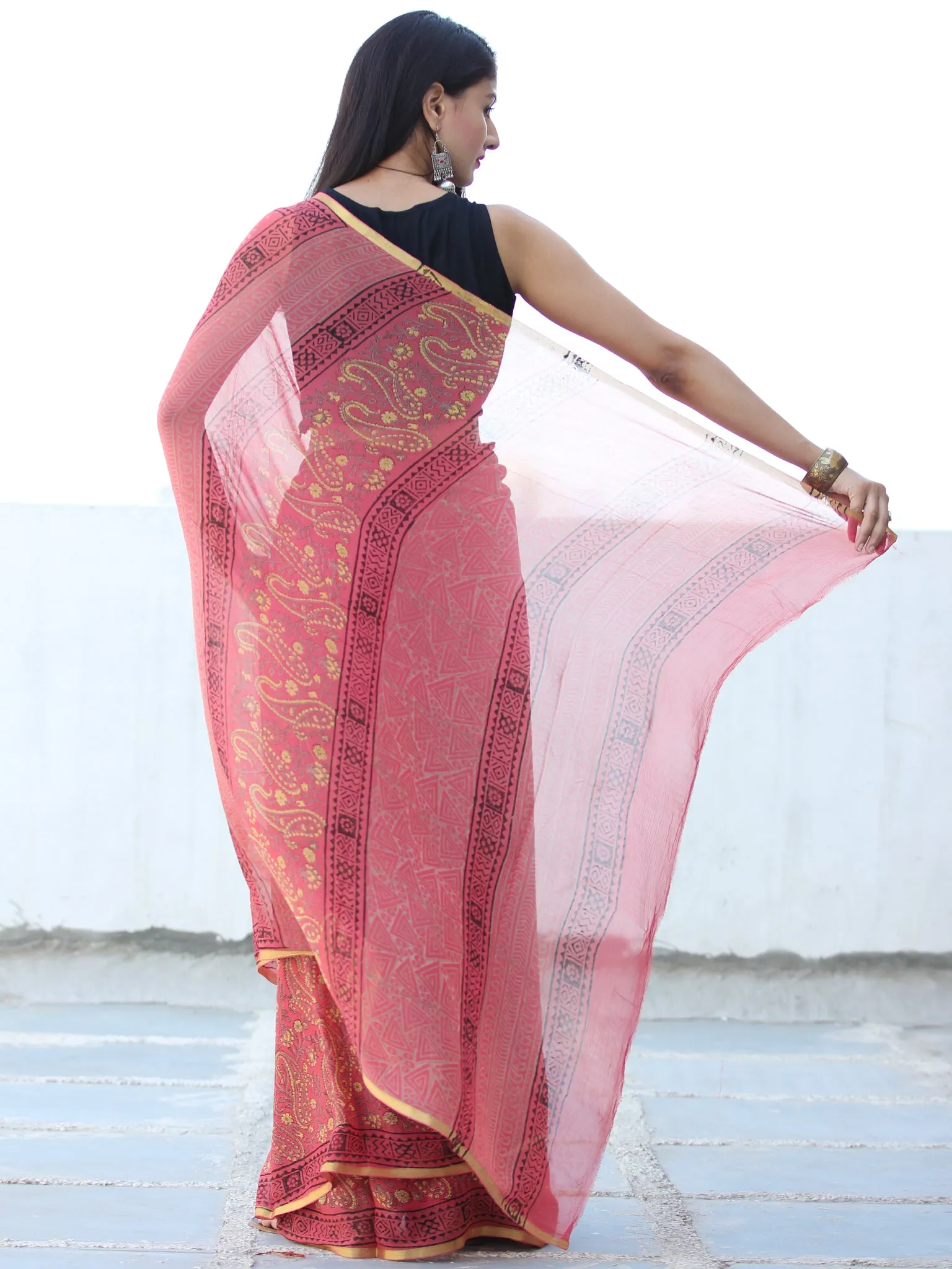 Ruby Red Mustard Hand Block Printed Chiffon Saree with Zari Border - S031703939