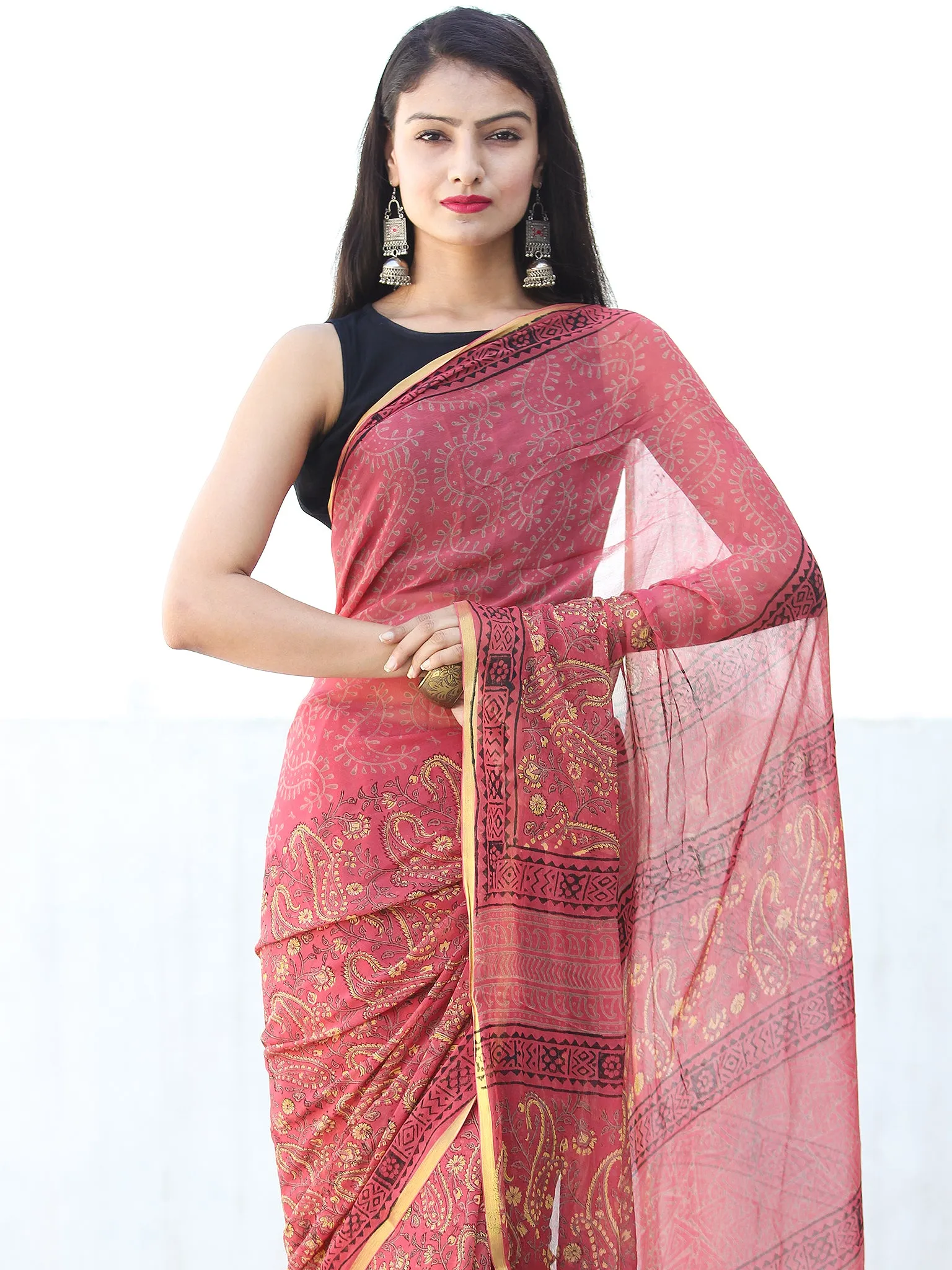 Ruby Red Mustard Hand Block Printed Chiffon Saree with Zari Border - S031703939