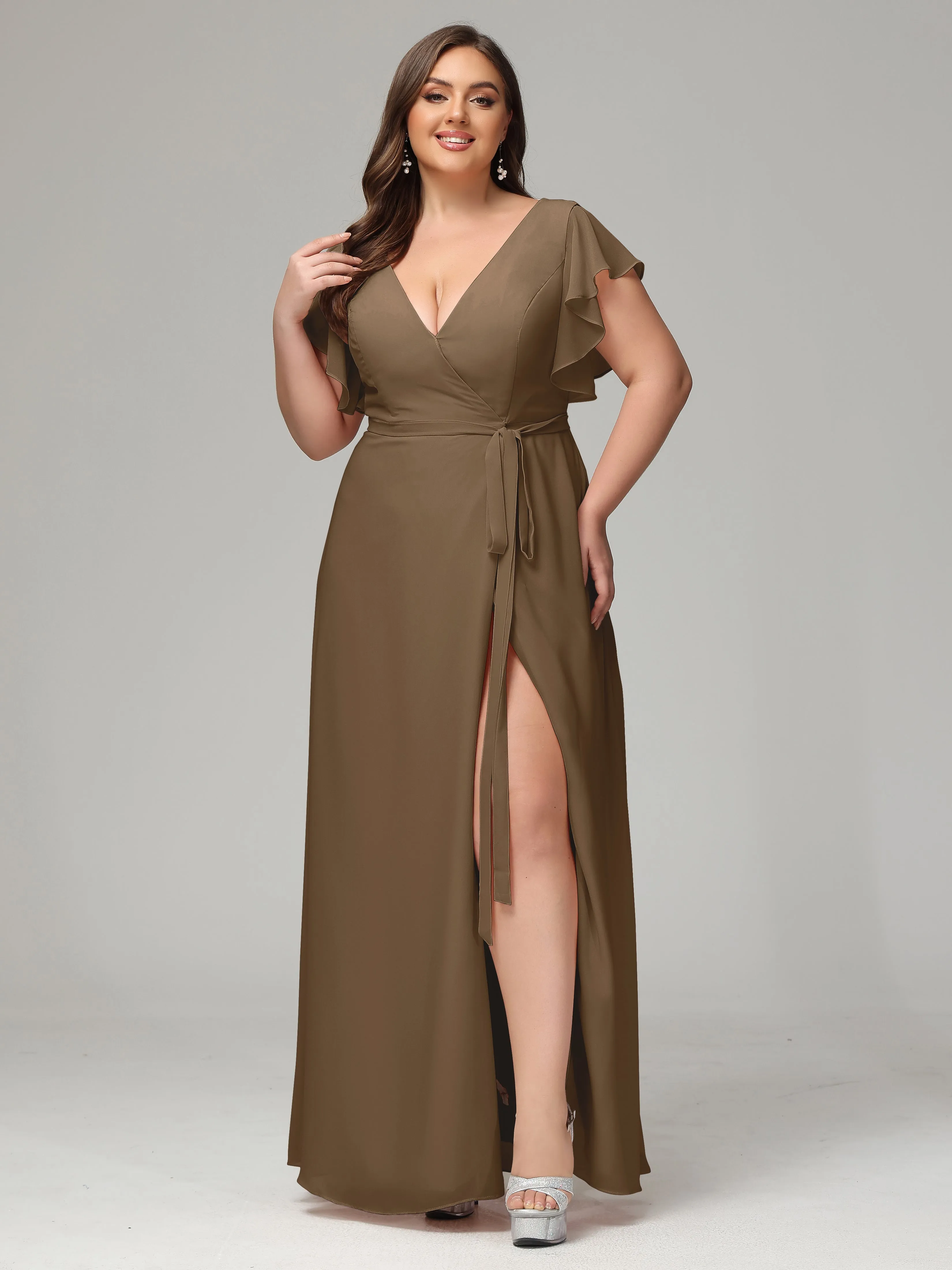 Ruffles Sleeves Chiffon Plus Size Bridesmaid Dresses