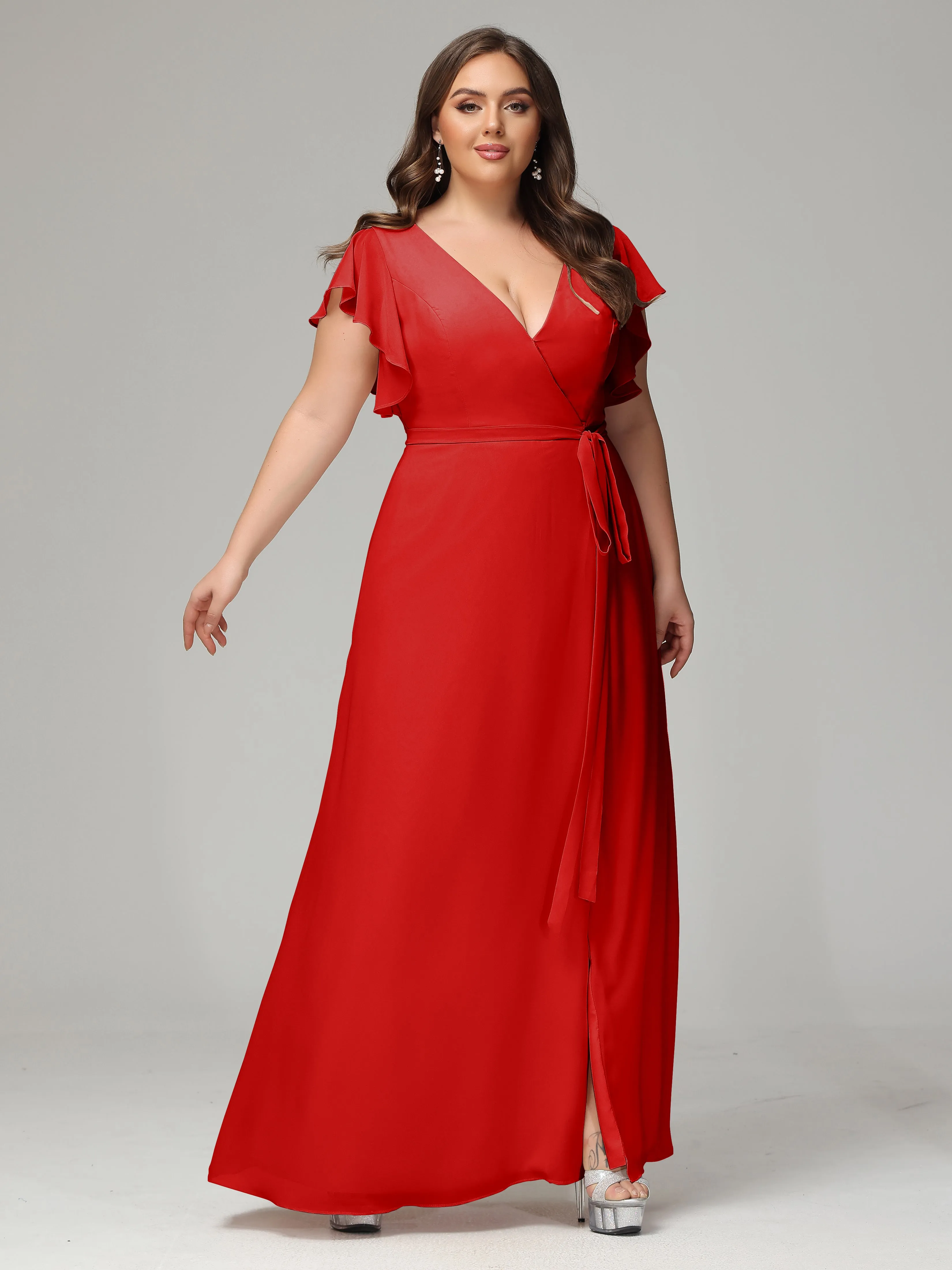 Ruffles Sleeves Chiffon Plus Size Bridesmaid Dresses