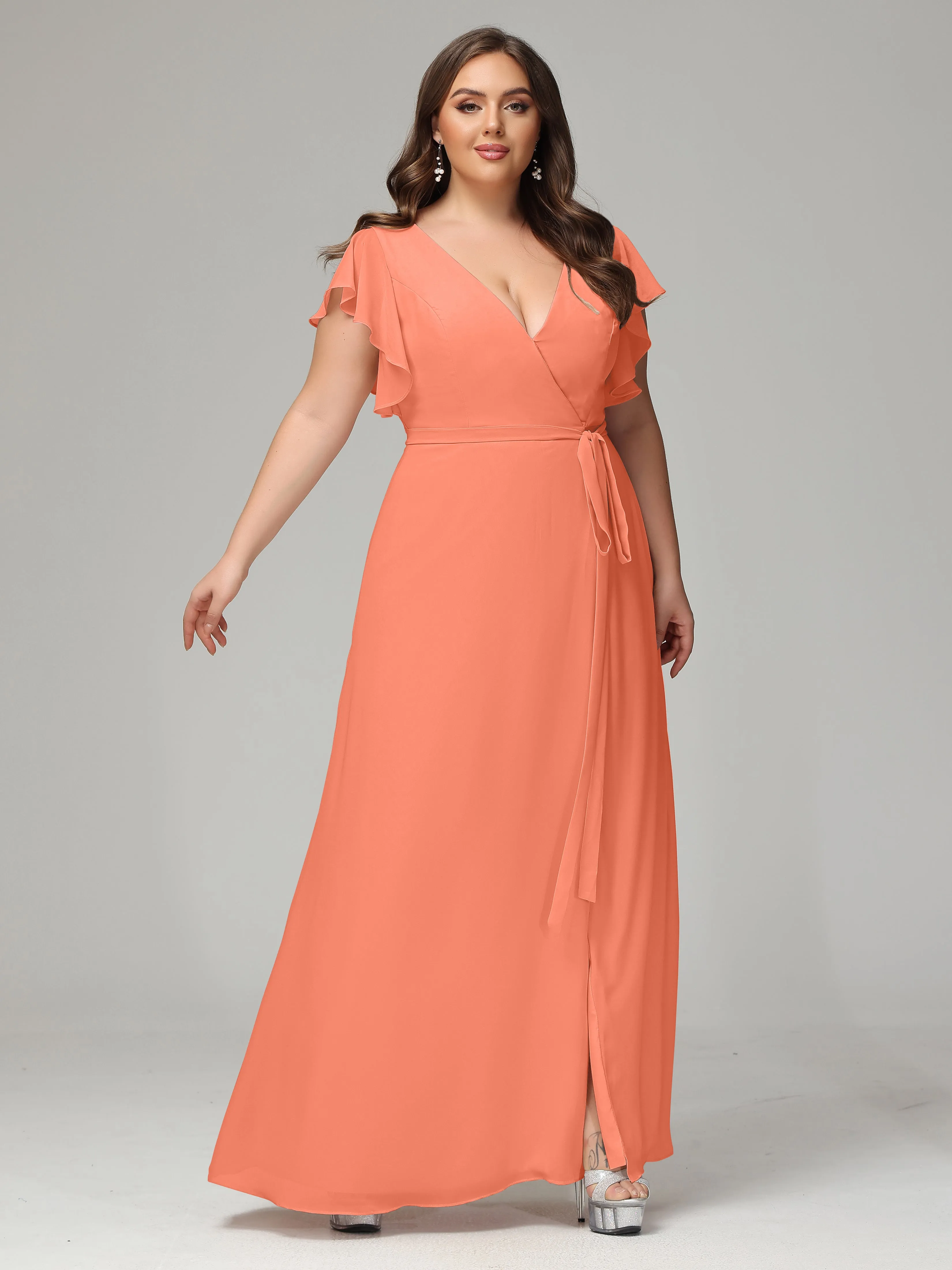 Ruffles Sleeves Chiffon Plus Size Bridesmaid Dresses