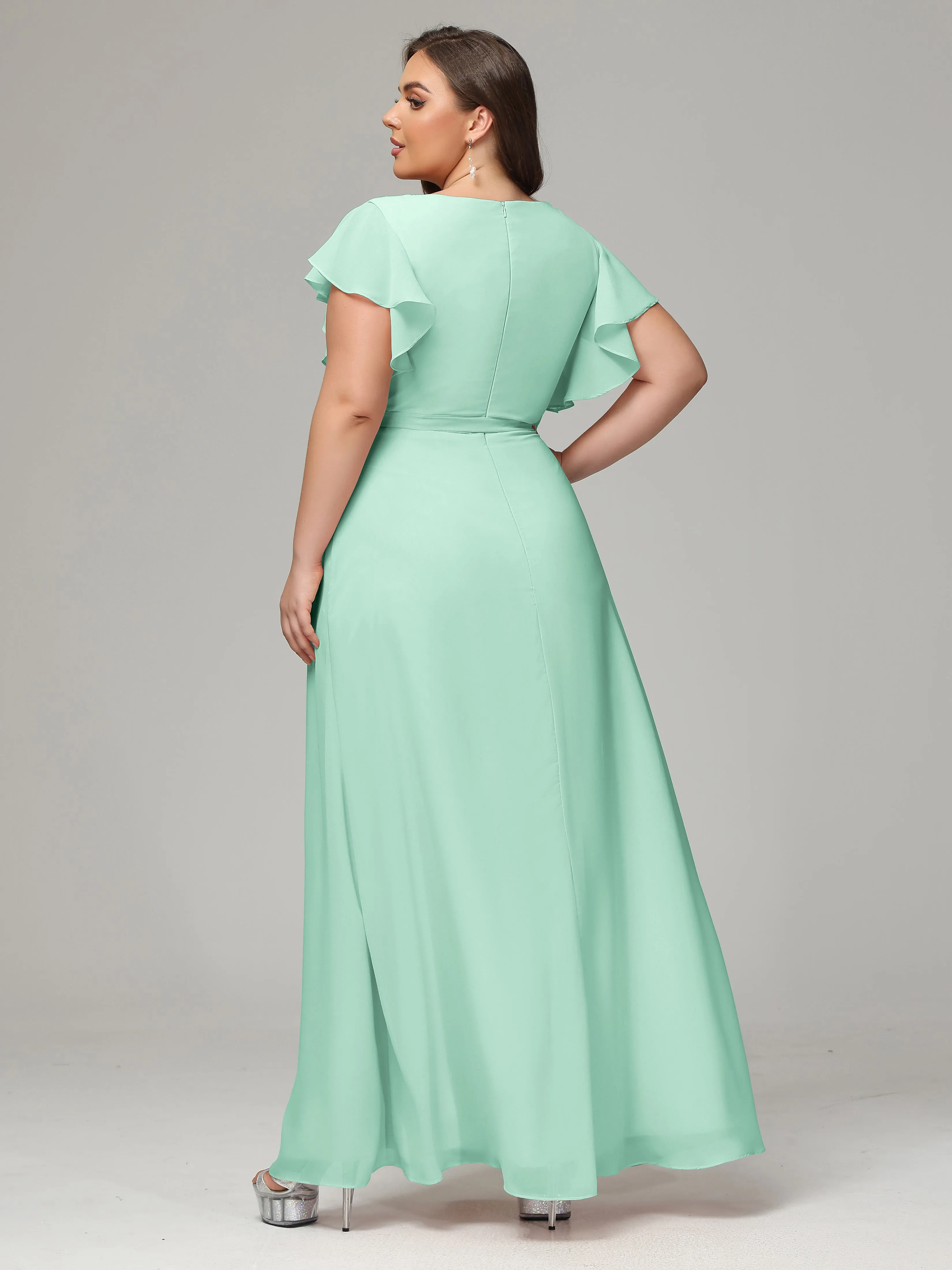 Ruffles Sleeves Chiffon Plus Size Bridesmaid Dresses