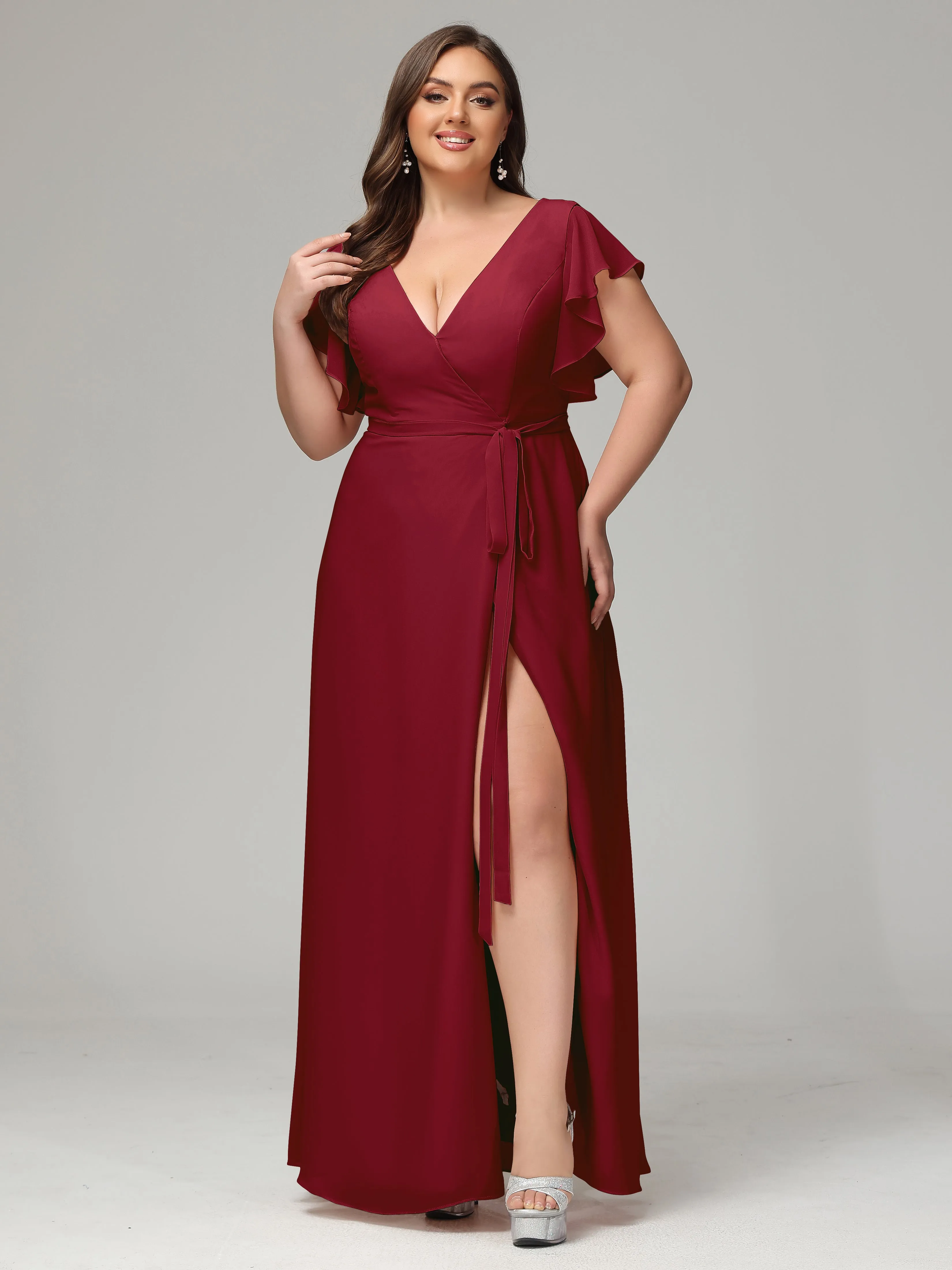 Ruffles Sleeves Chiffon Plus Size Bridesmaid Dresses