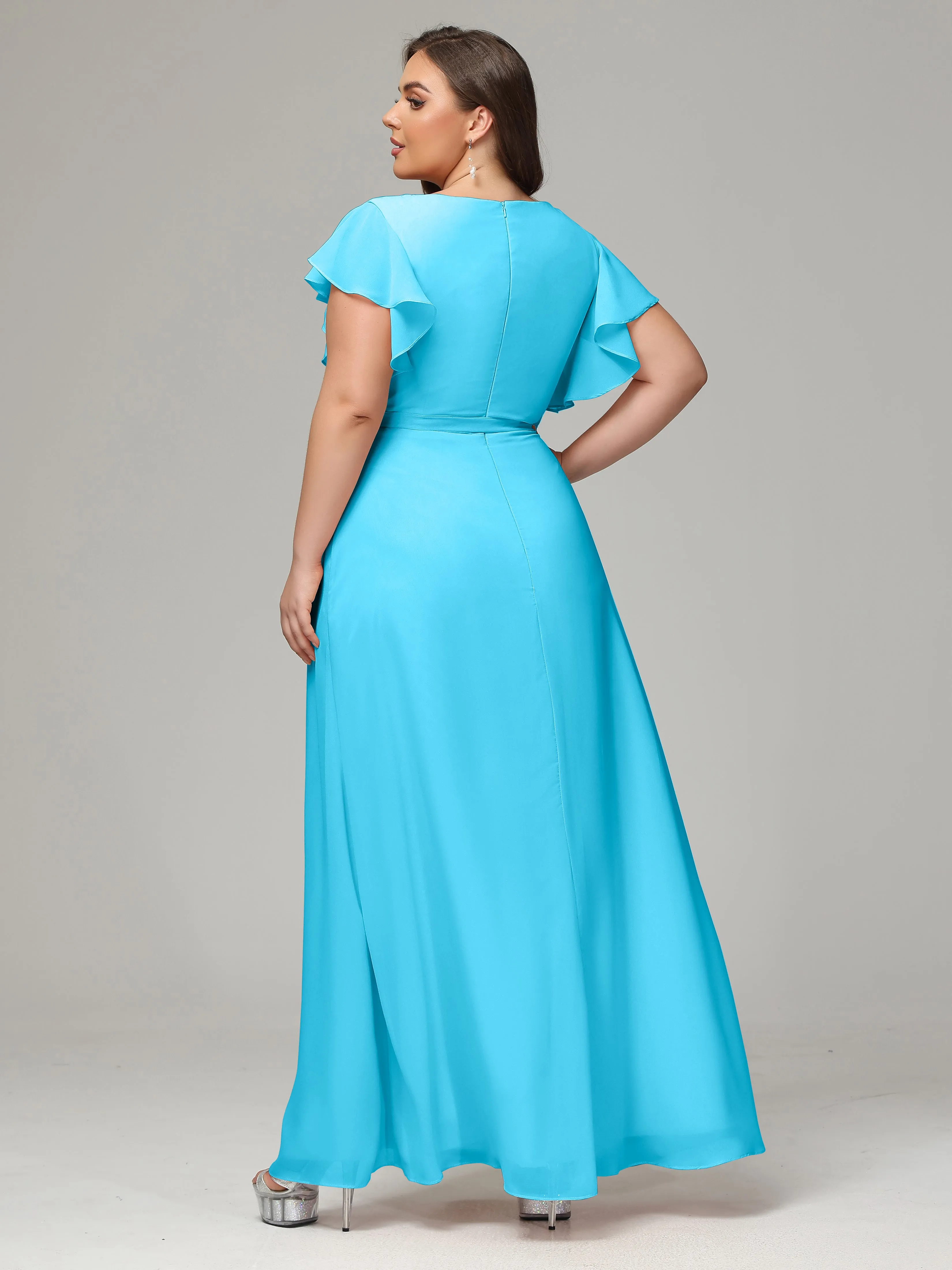 Ruffles Sleeves Chiffon Plus Size Bridesmaid Dresses