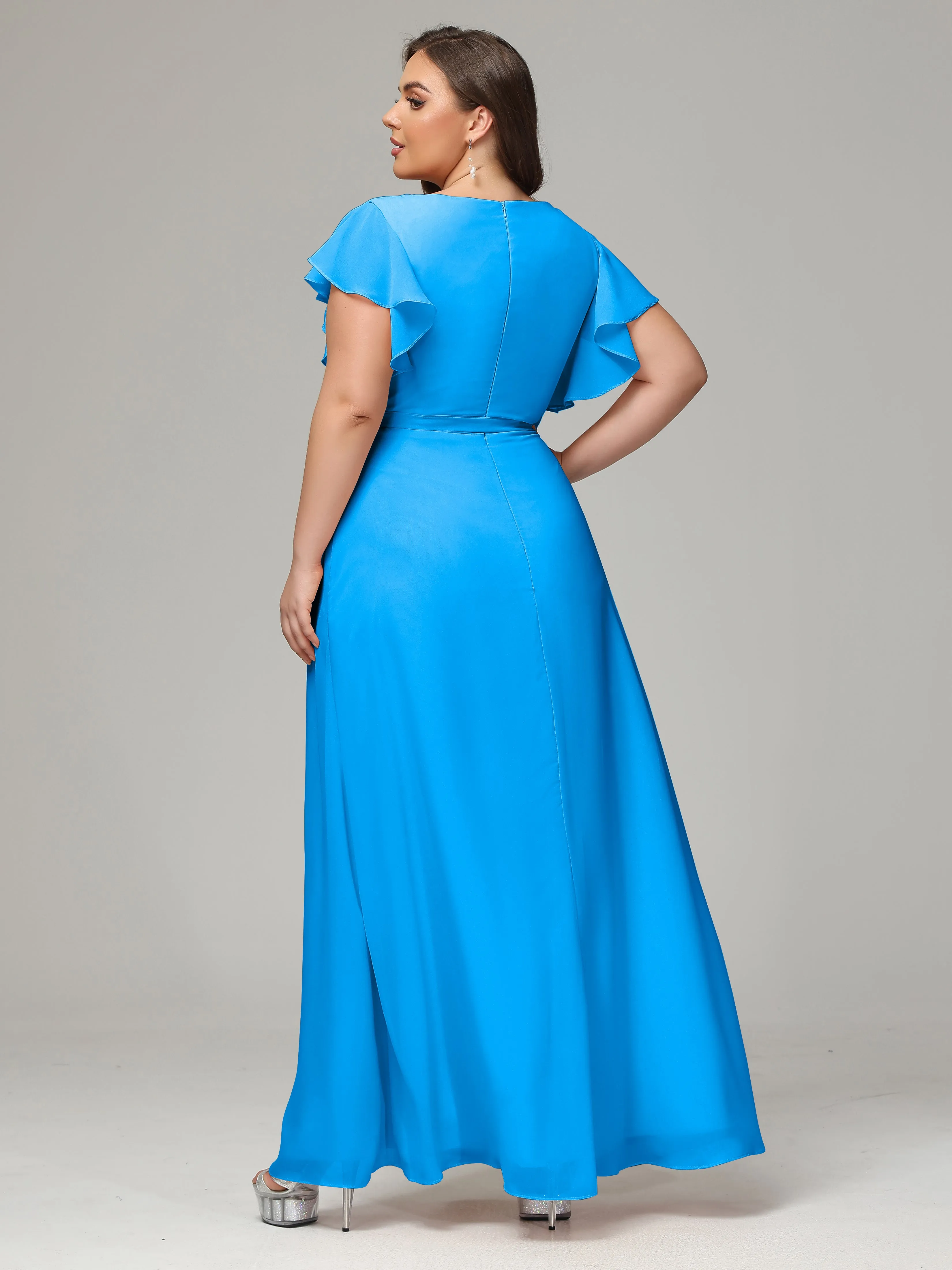 Ruffles Sleeves Chiffon Plus Size Bridesmaid Dresses