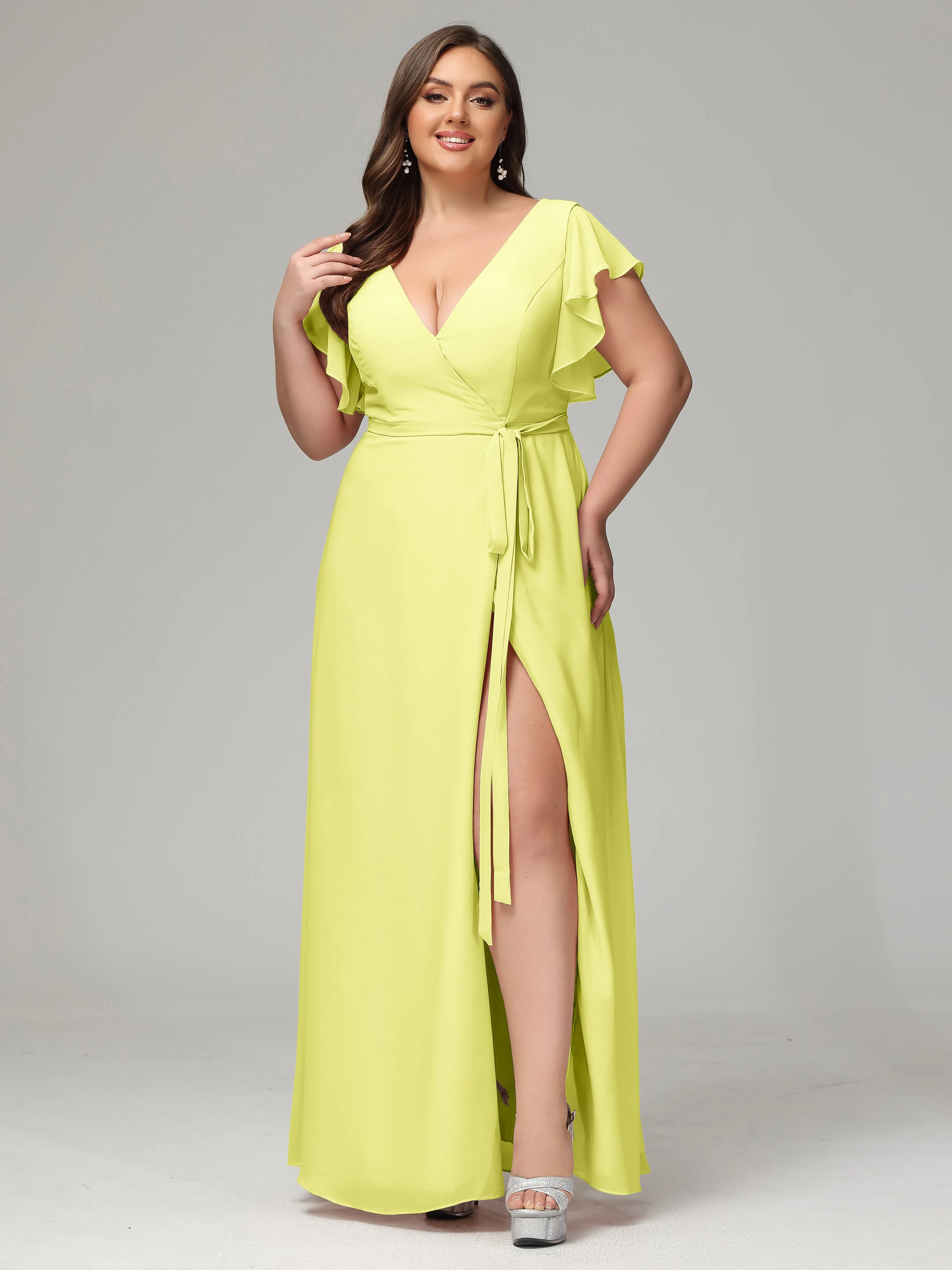 Ruffles Sleeves Chiffon Plus Size Bridesmaid Dresses