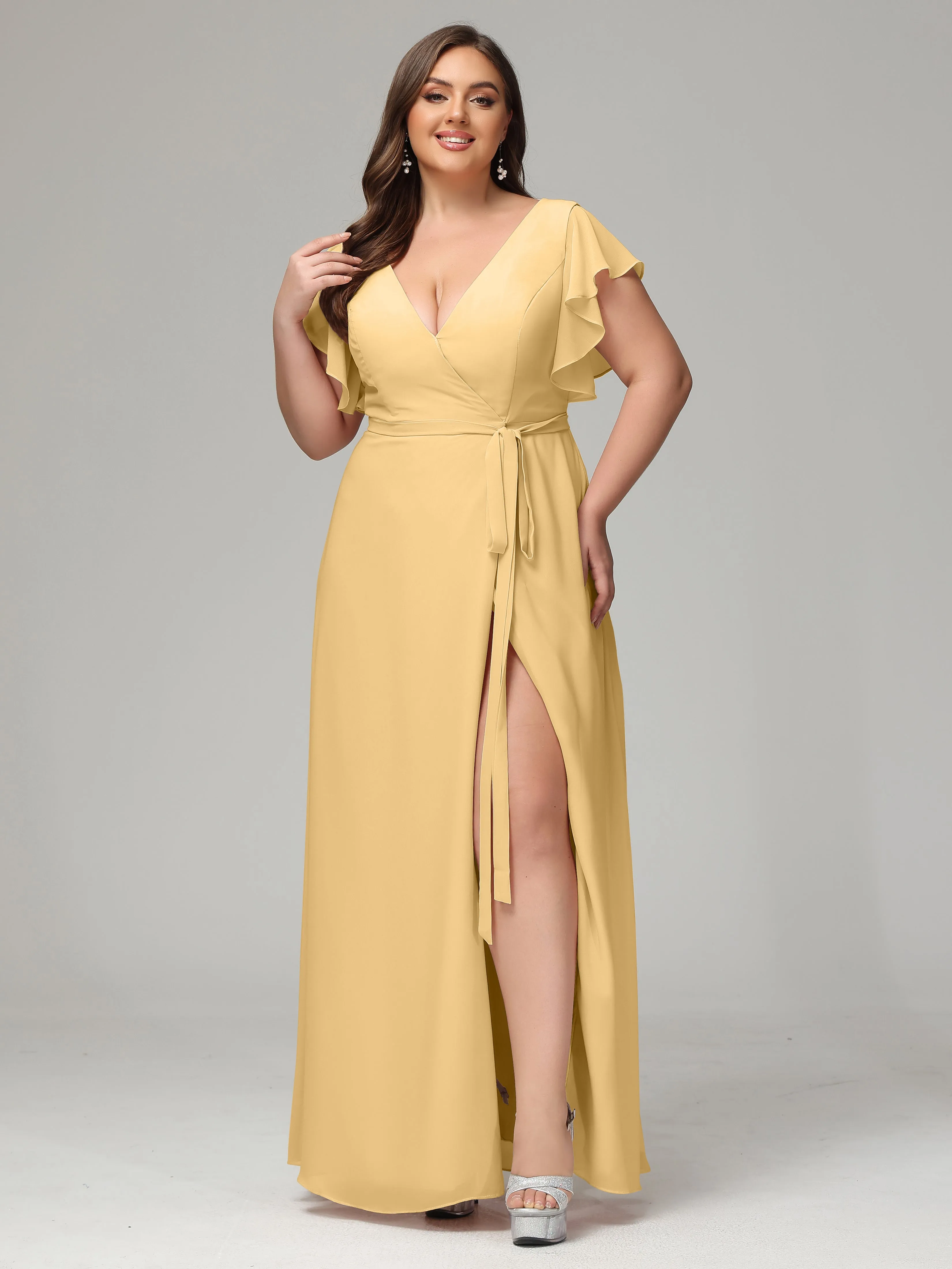 Ruffles Sleeves Chiffon Plus Size Bridesmaid Dresses