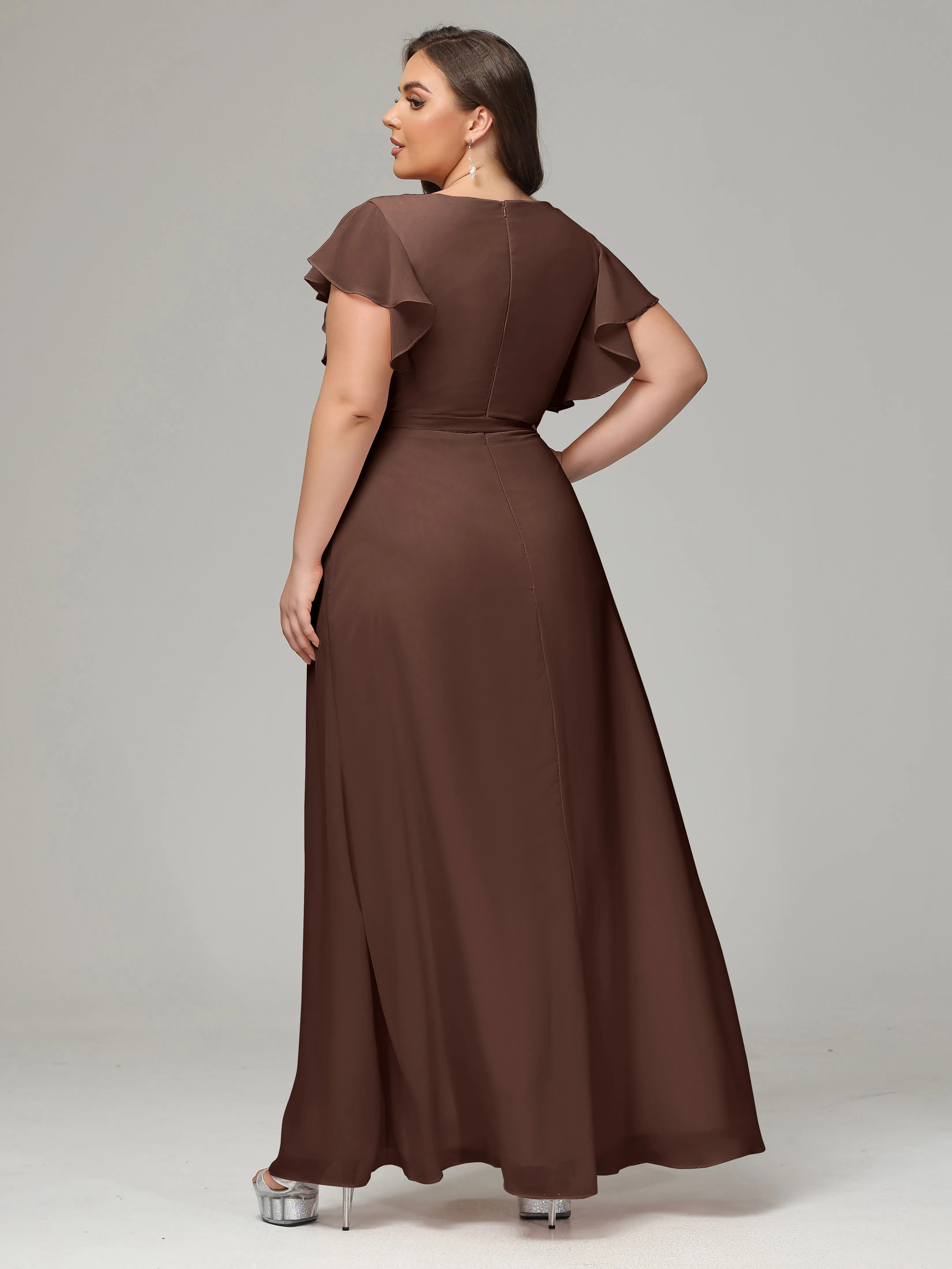 Ruffles Sleeves Chiffon Plus Size Bridesmaid Dresses