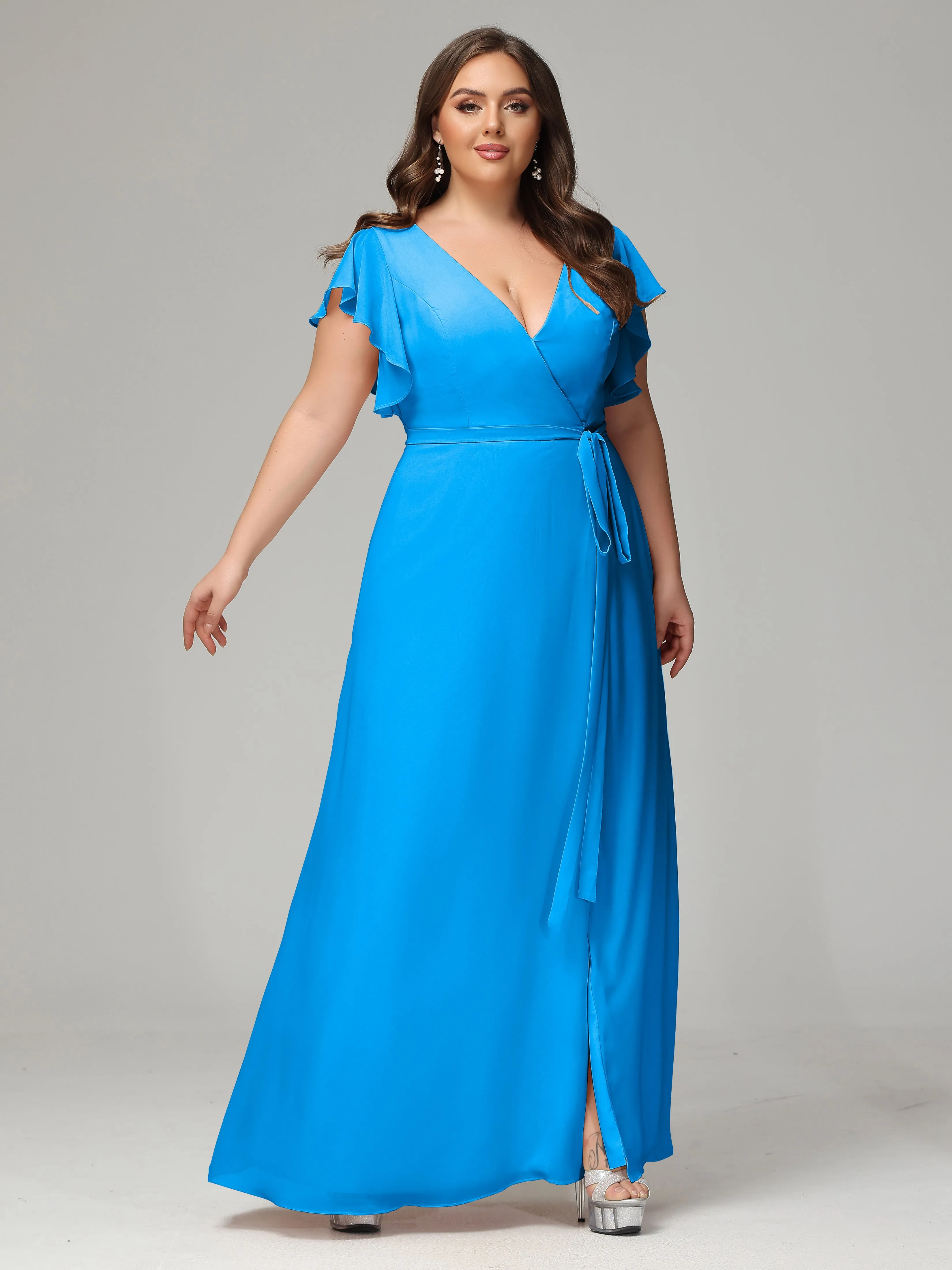 Ruffles Sleeves Chiffon Plus Size Bridesmaid Dresses