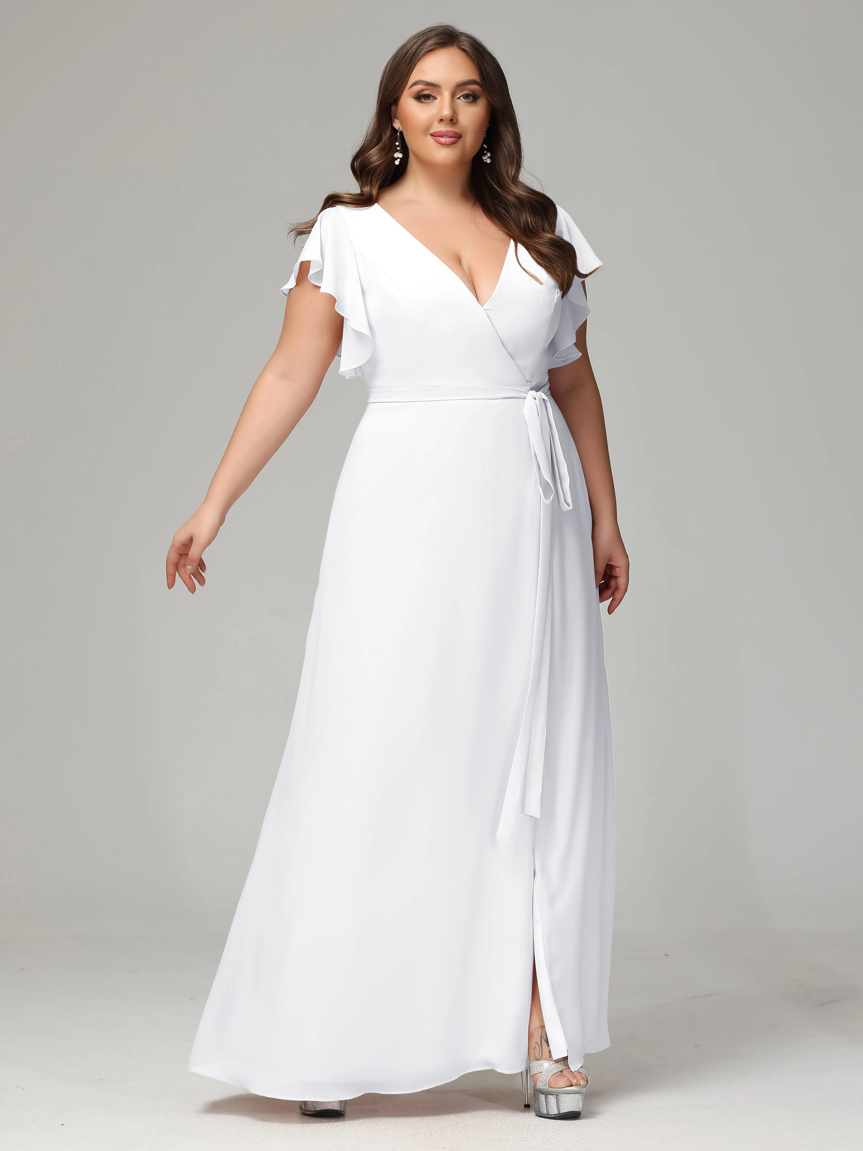 Ruffles Sleeves Chiffon Plus Size Bridesmaid Dresses