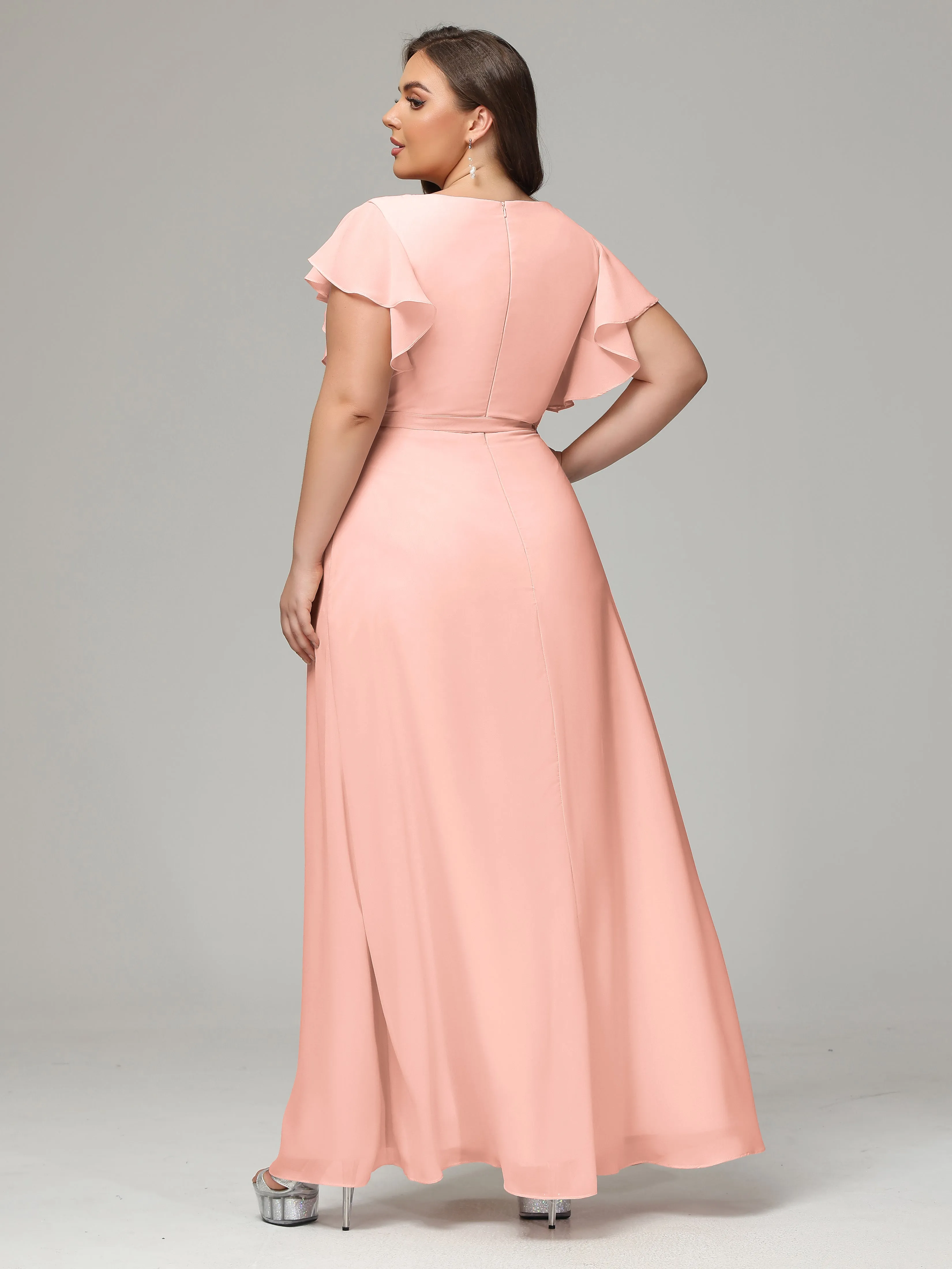 Ruffles Sleeves Chiffon Plus Size Bridesmaid Dresses