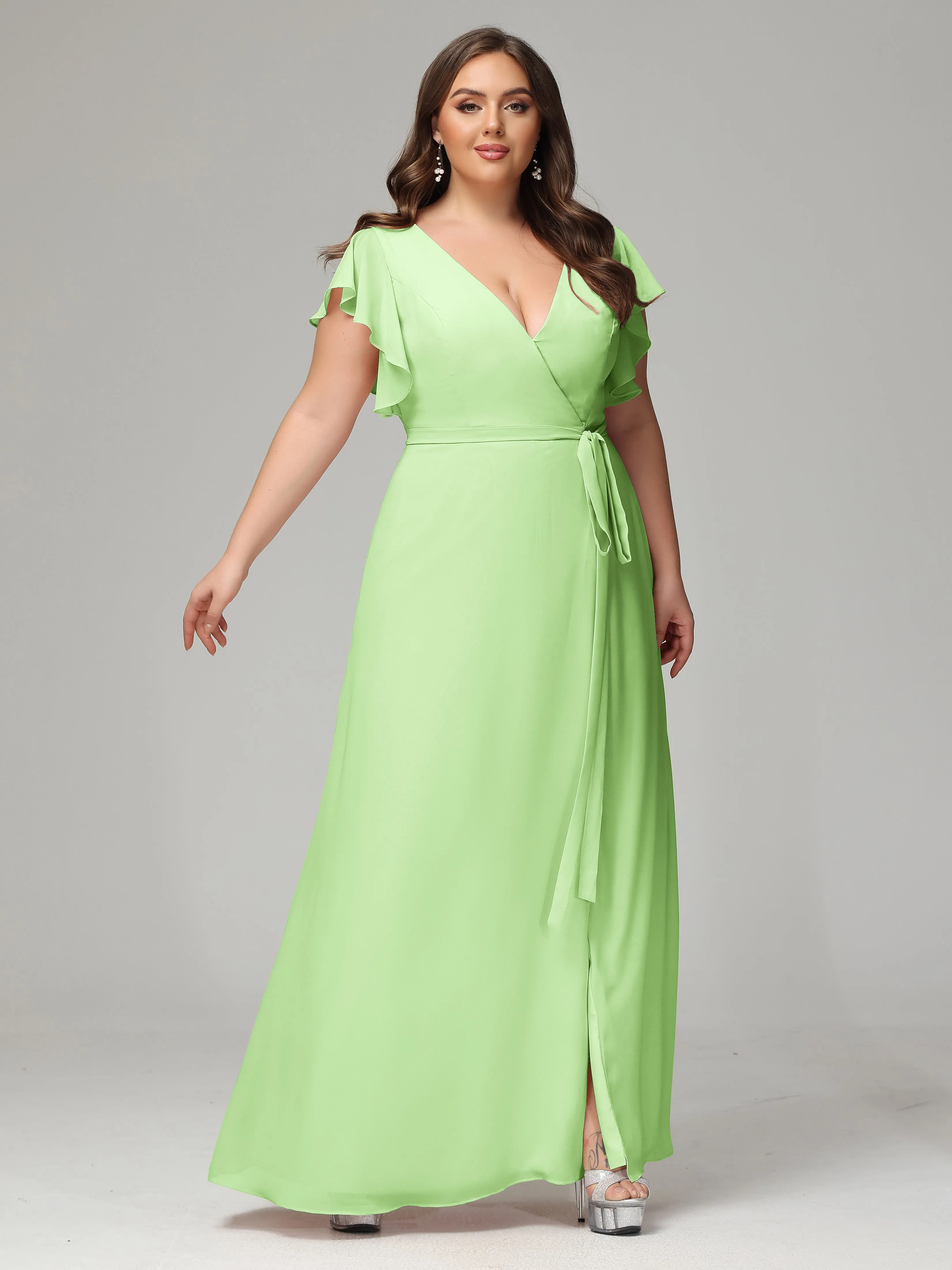 Ruffles Sleeves Chiffon Plus Size Bridesmaid Dresses