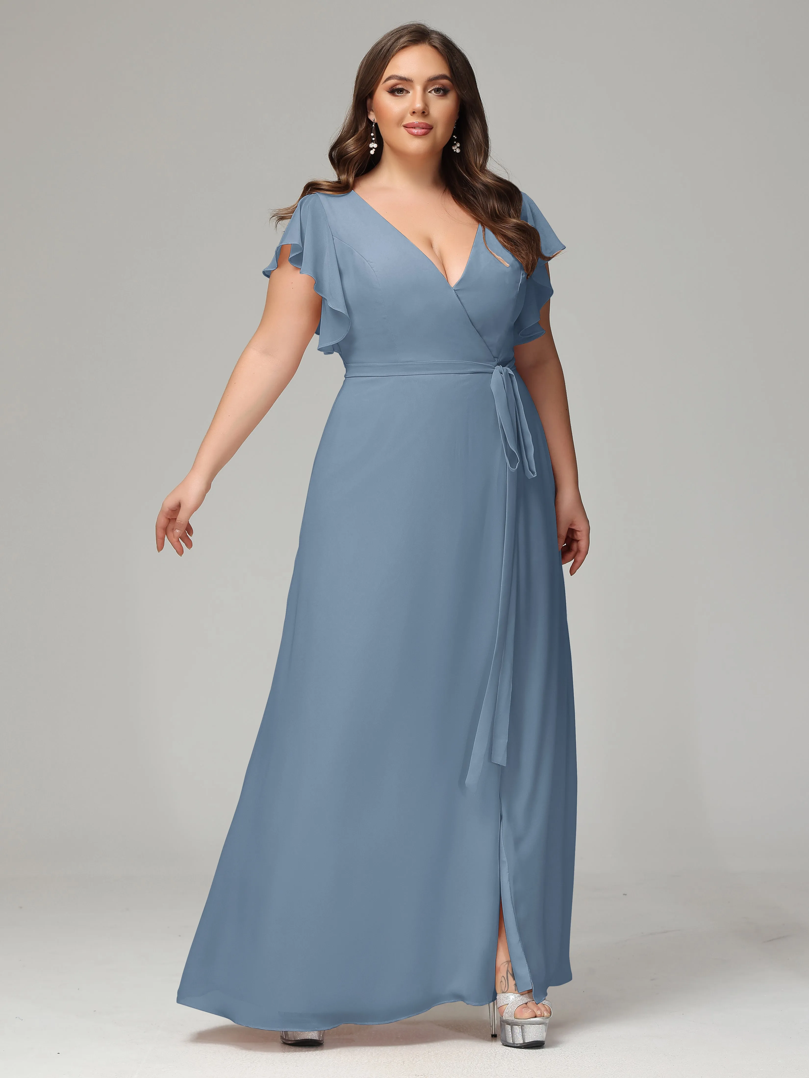 Ruffles Sleeves Chiffon Plus Size Bridesmaid Dresses