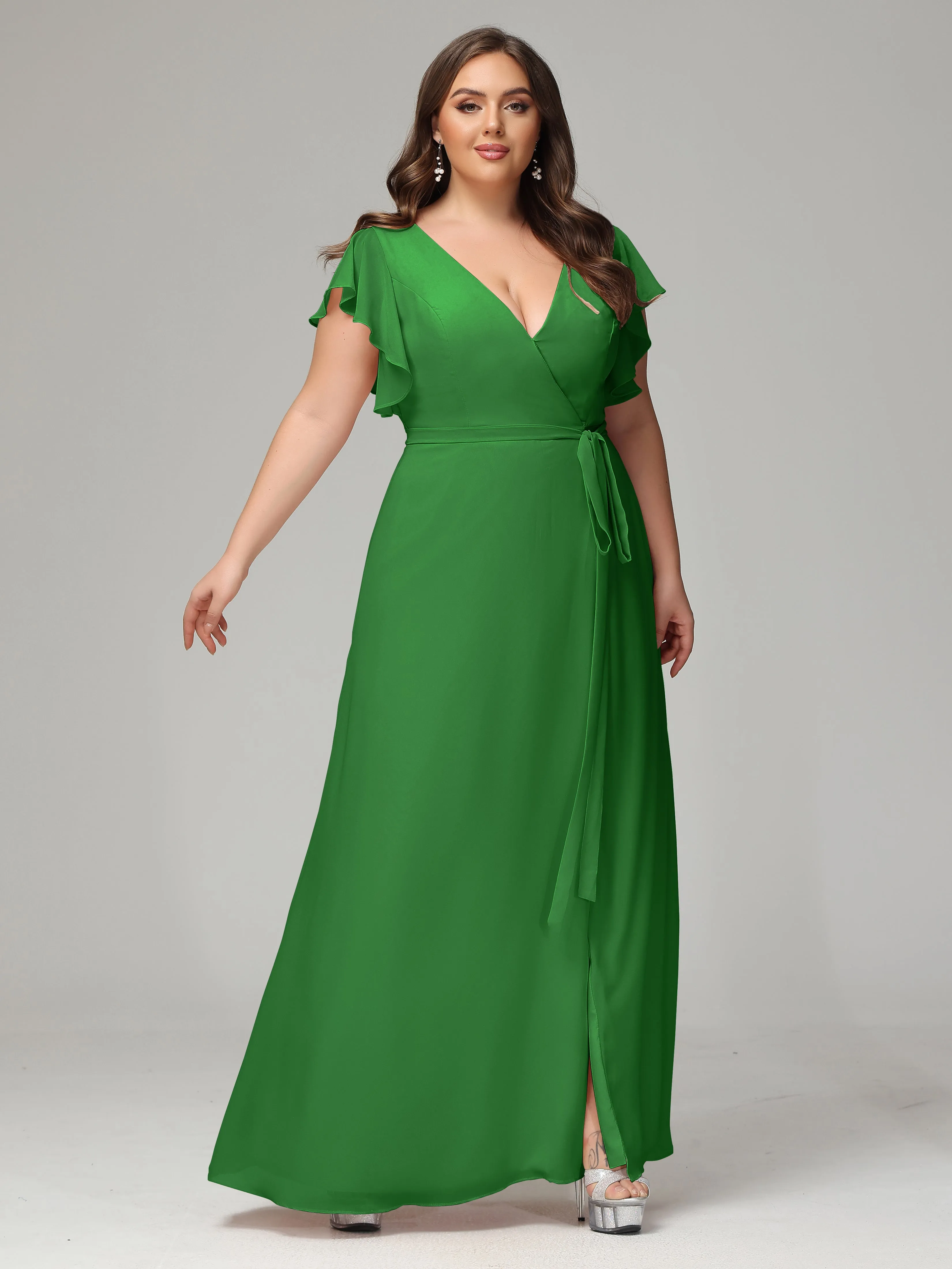 Ruffles Sleeves Chiffon Plus Size Bridesmaid Dresses