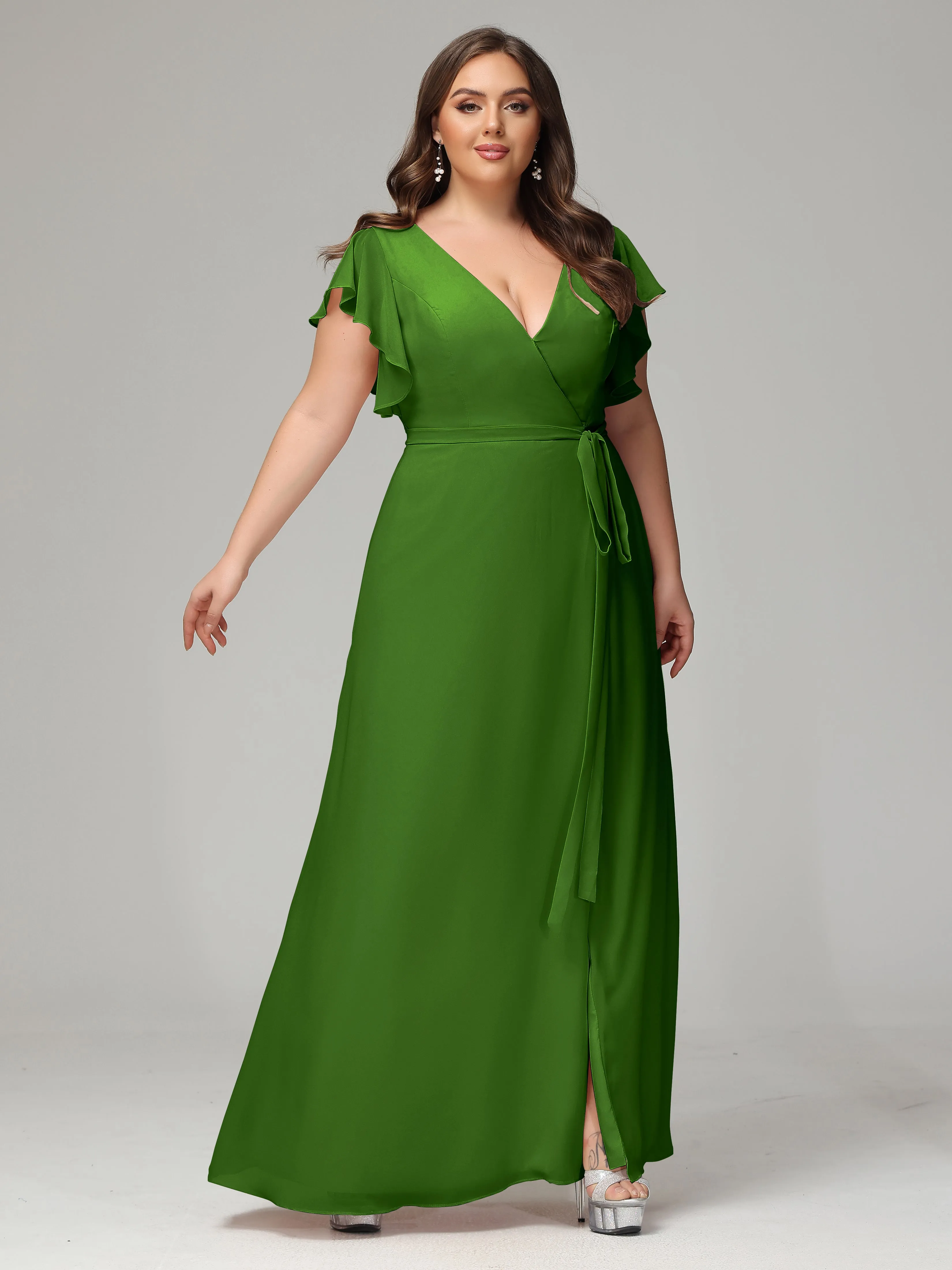 Ruffles Sleeves Chiffon Plus Size Bridesmaid Dresses