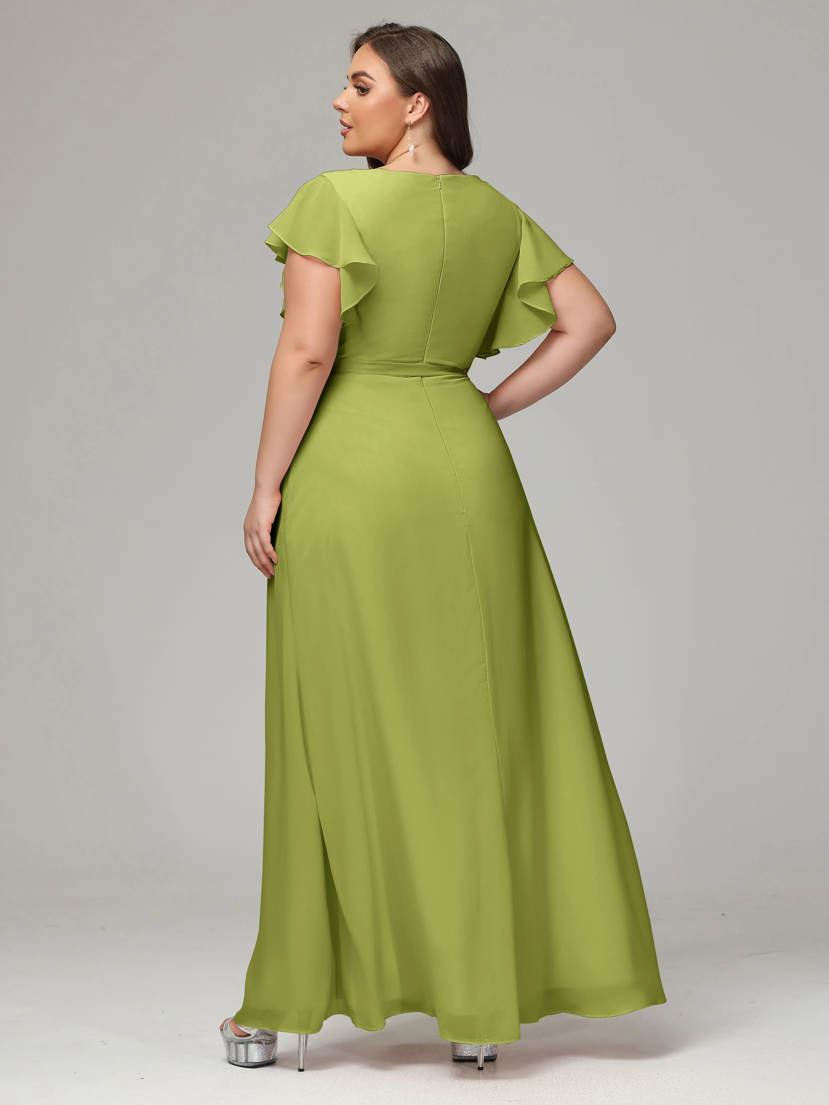 Ruffles Sleeves Chiffon Plus Size Bridesmaid Dresses