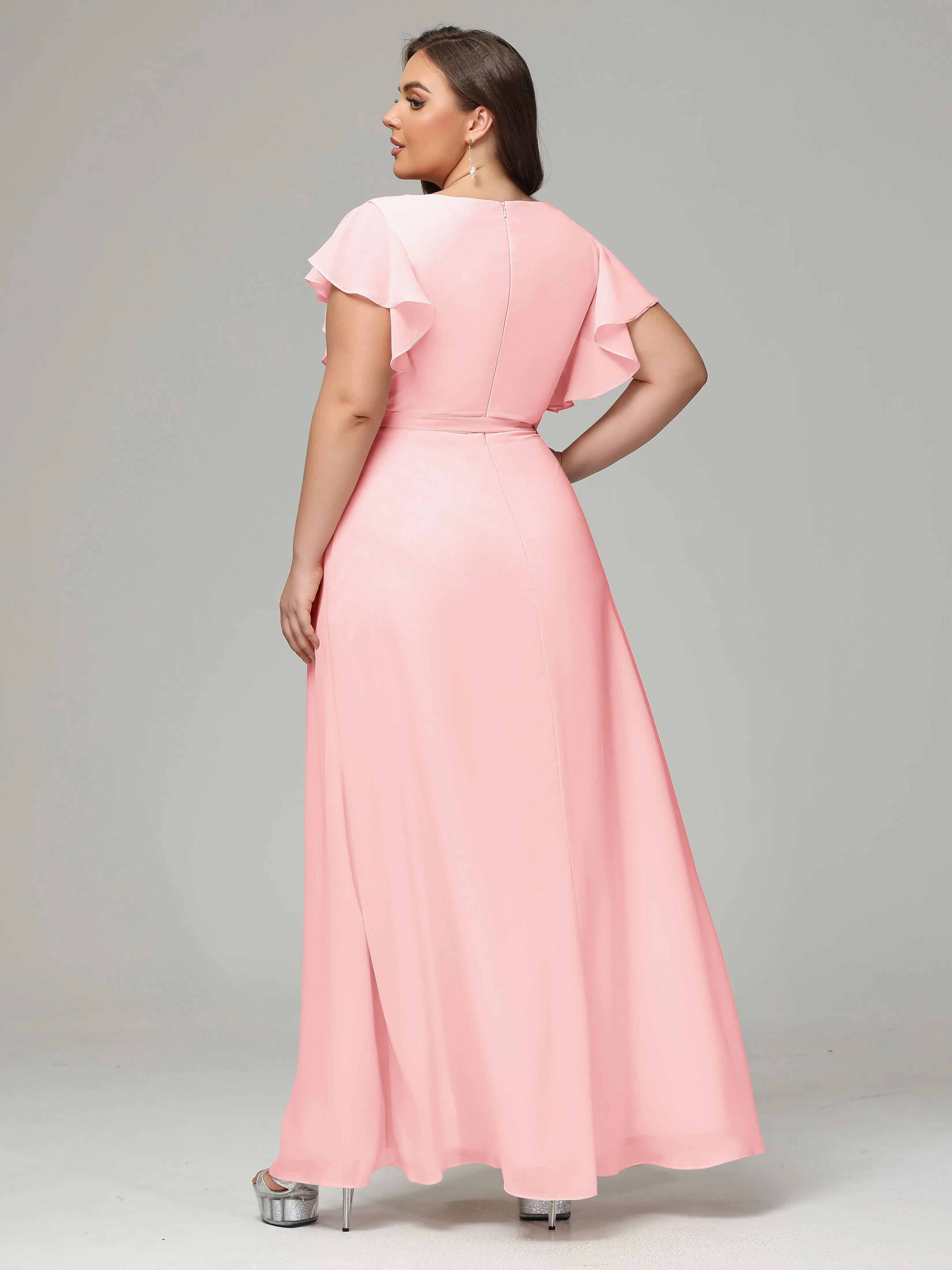 Ruffles Sleeves Chiffon Plus Size Bridesmaid Dresses