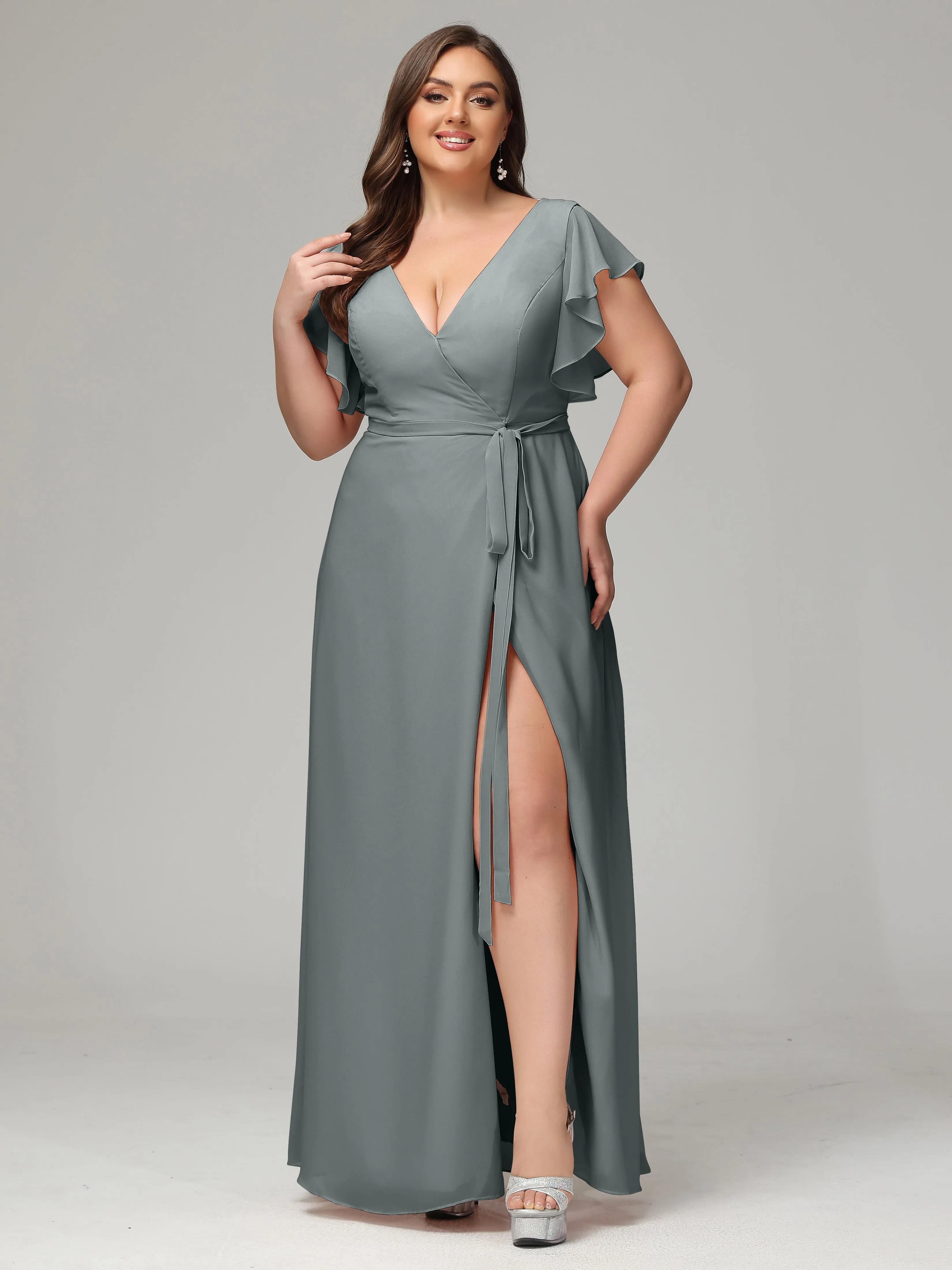 Ruffles Sleeves Chiffon Plus Size Bridesmaid Dresses