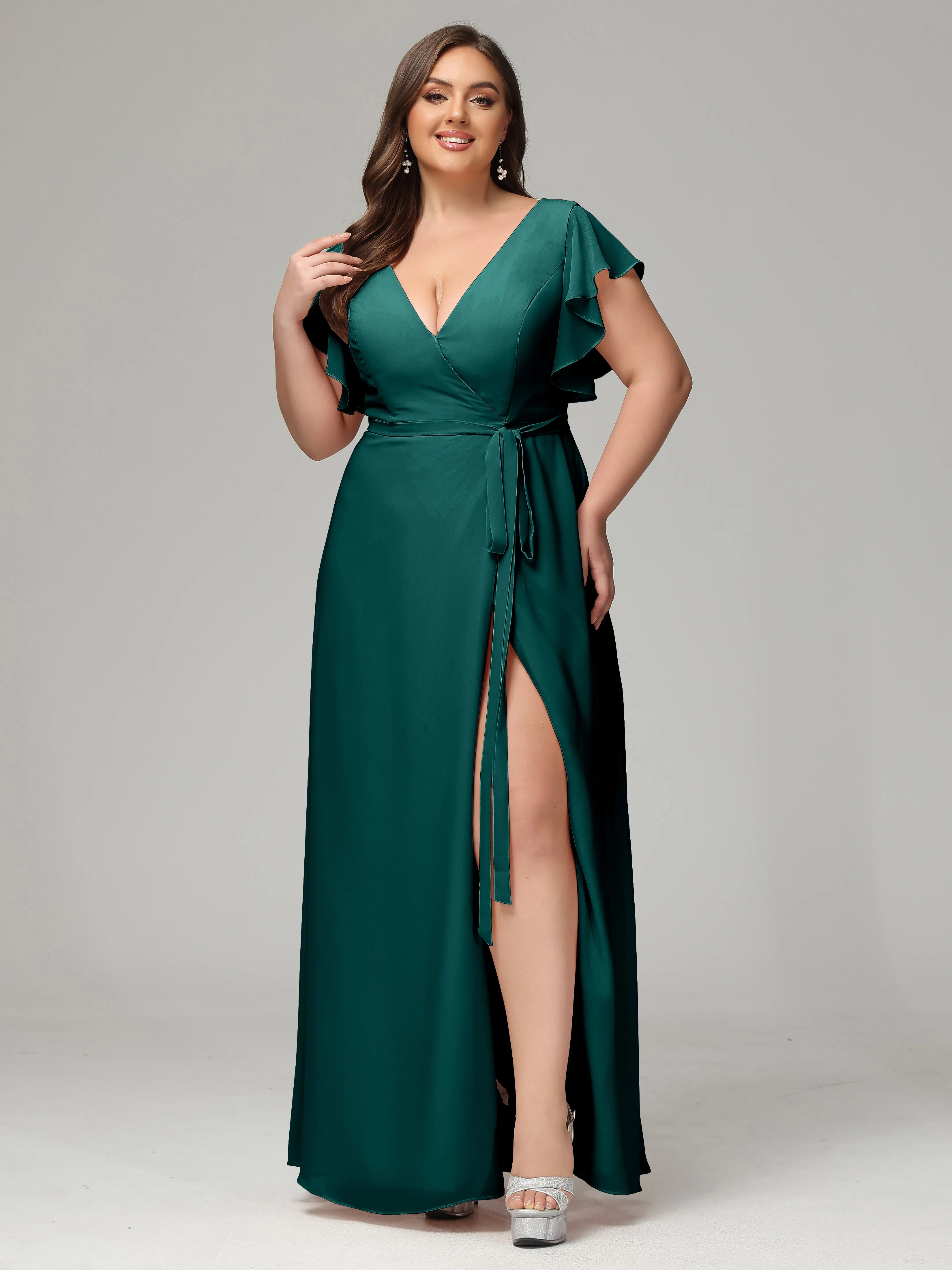 Ruffles Sleeves Chiffon Plus Size Bridesmaid Dresses