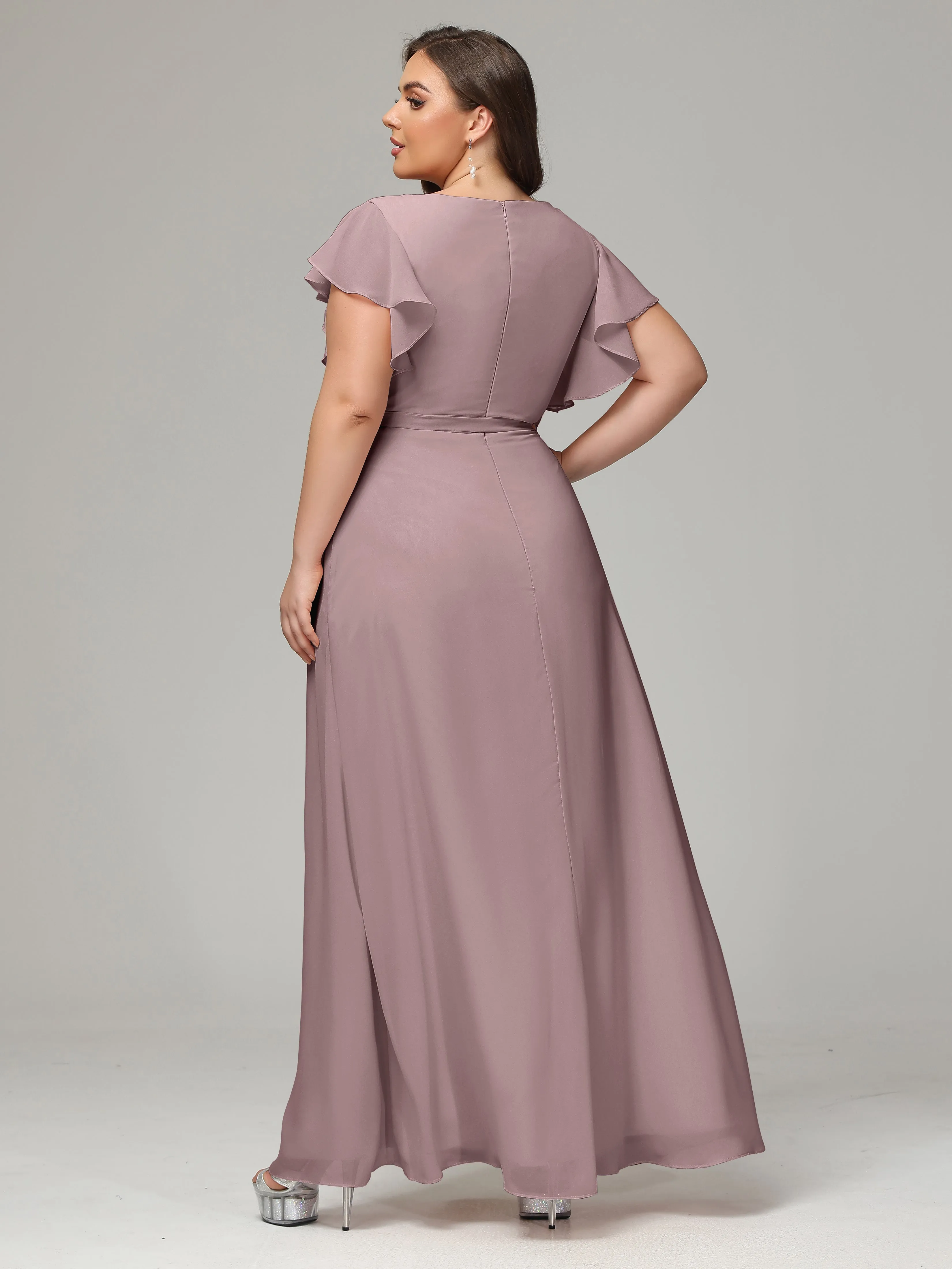 Ruffles Sleeves Chiffon Plus Size Bridesmaid Dresses