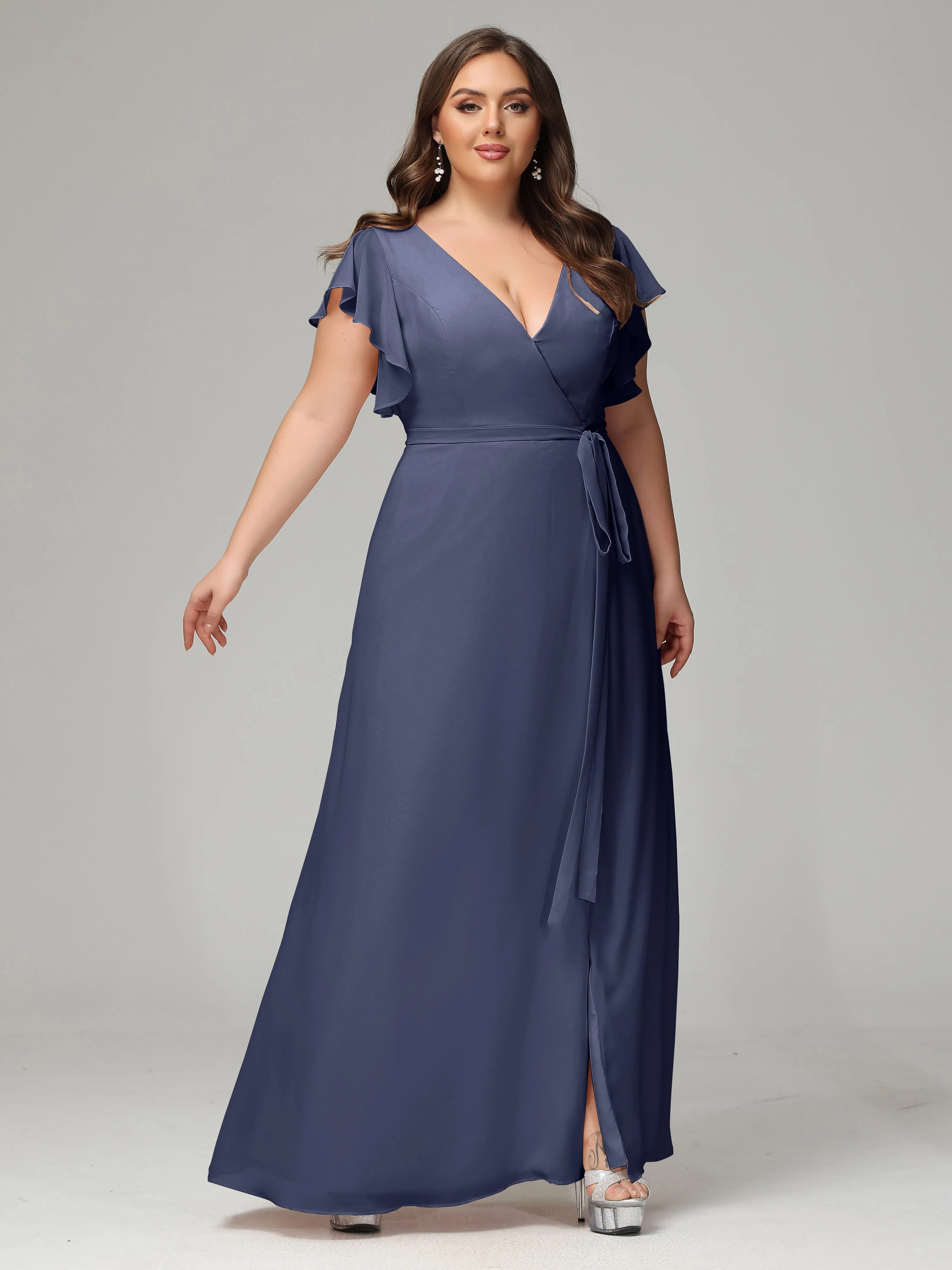 Ruffles Sleeves Chiffon Plus Size Bridesmaid Dresses