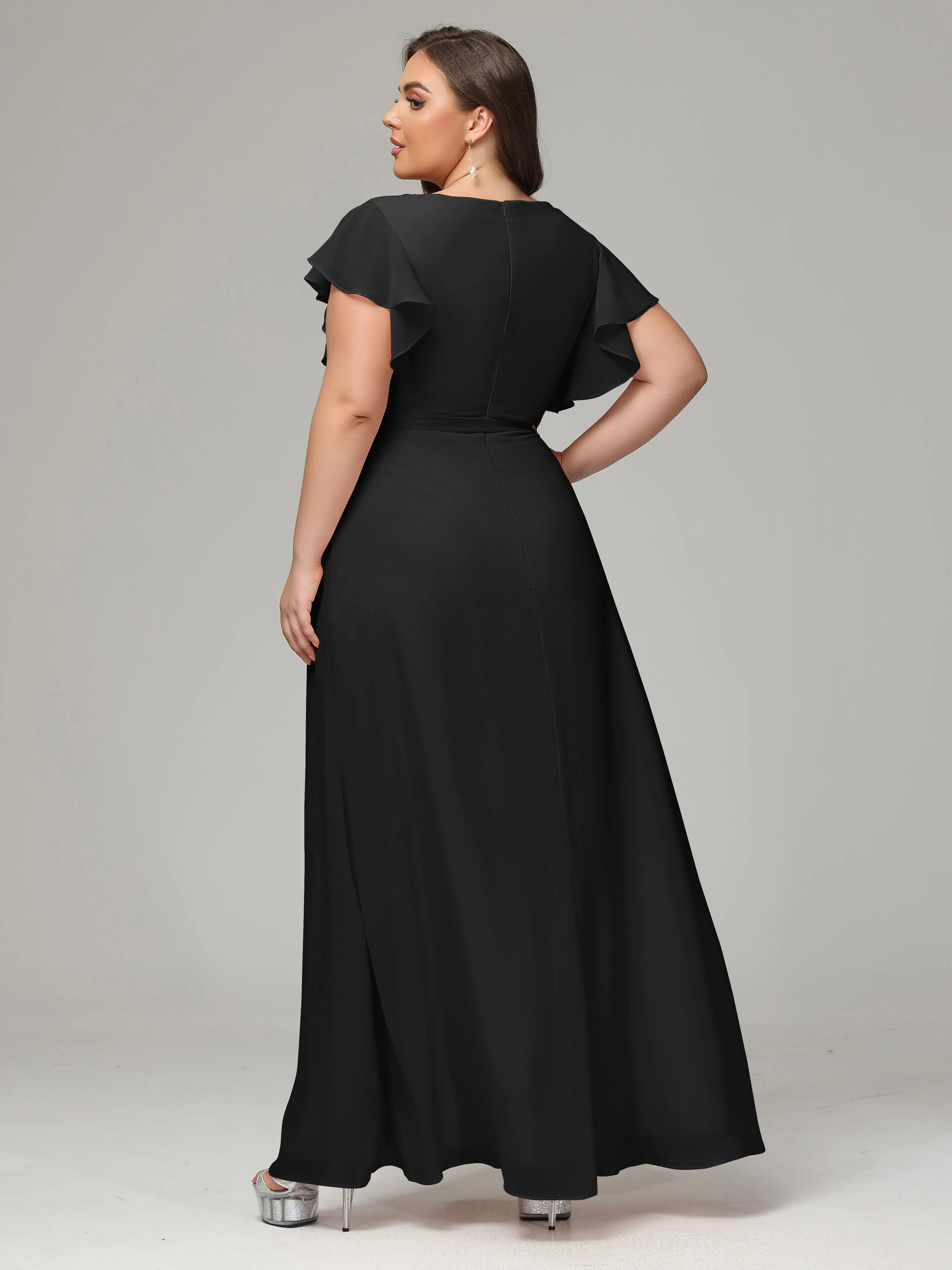 Ruffles Sleeves Chiffon Plus Size Bridesmaid Dresses