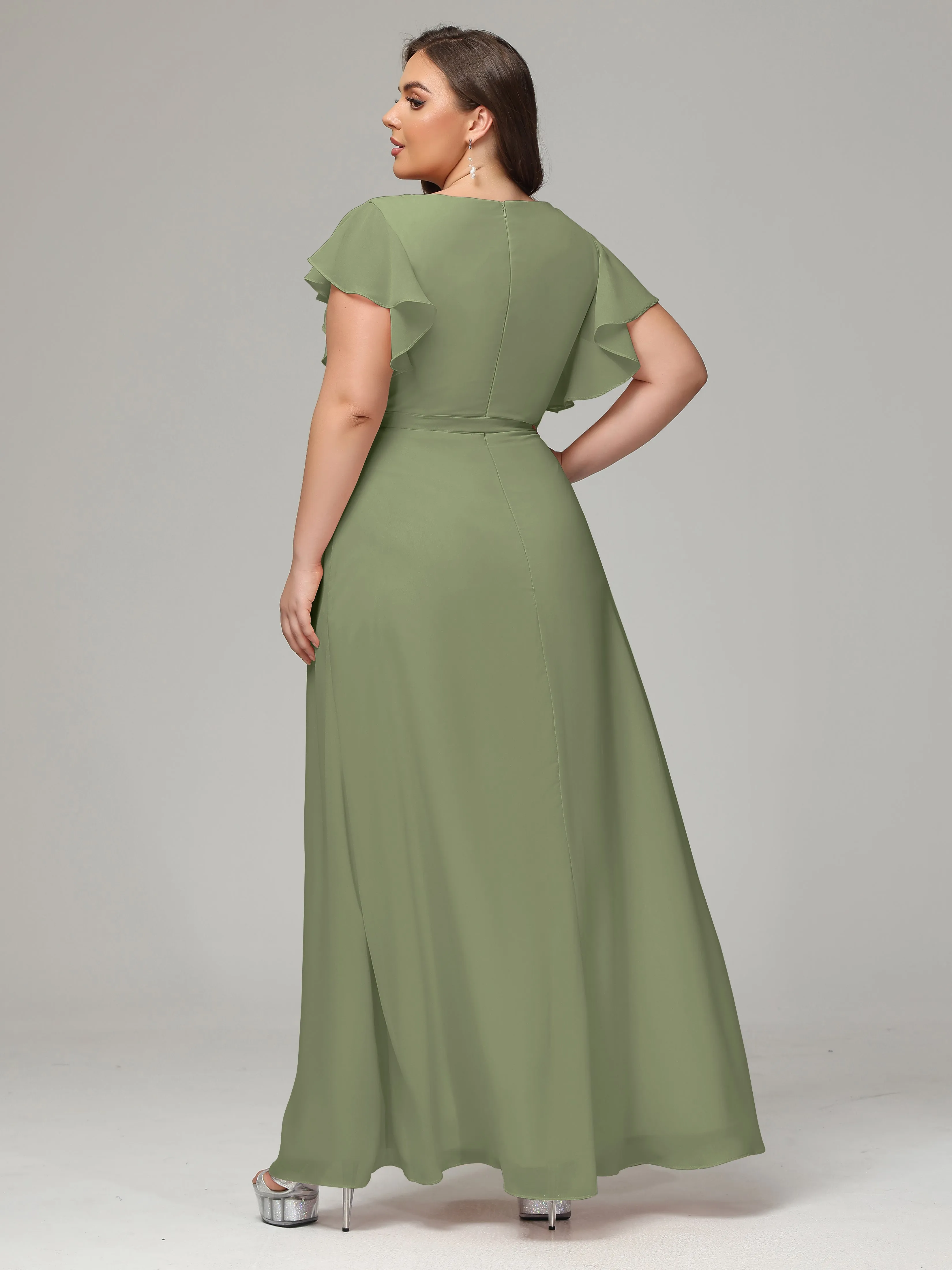 Ruffles Sleeves Chiffon Plus Size Bridesmaid Dresses