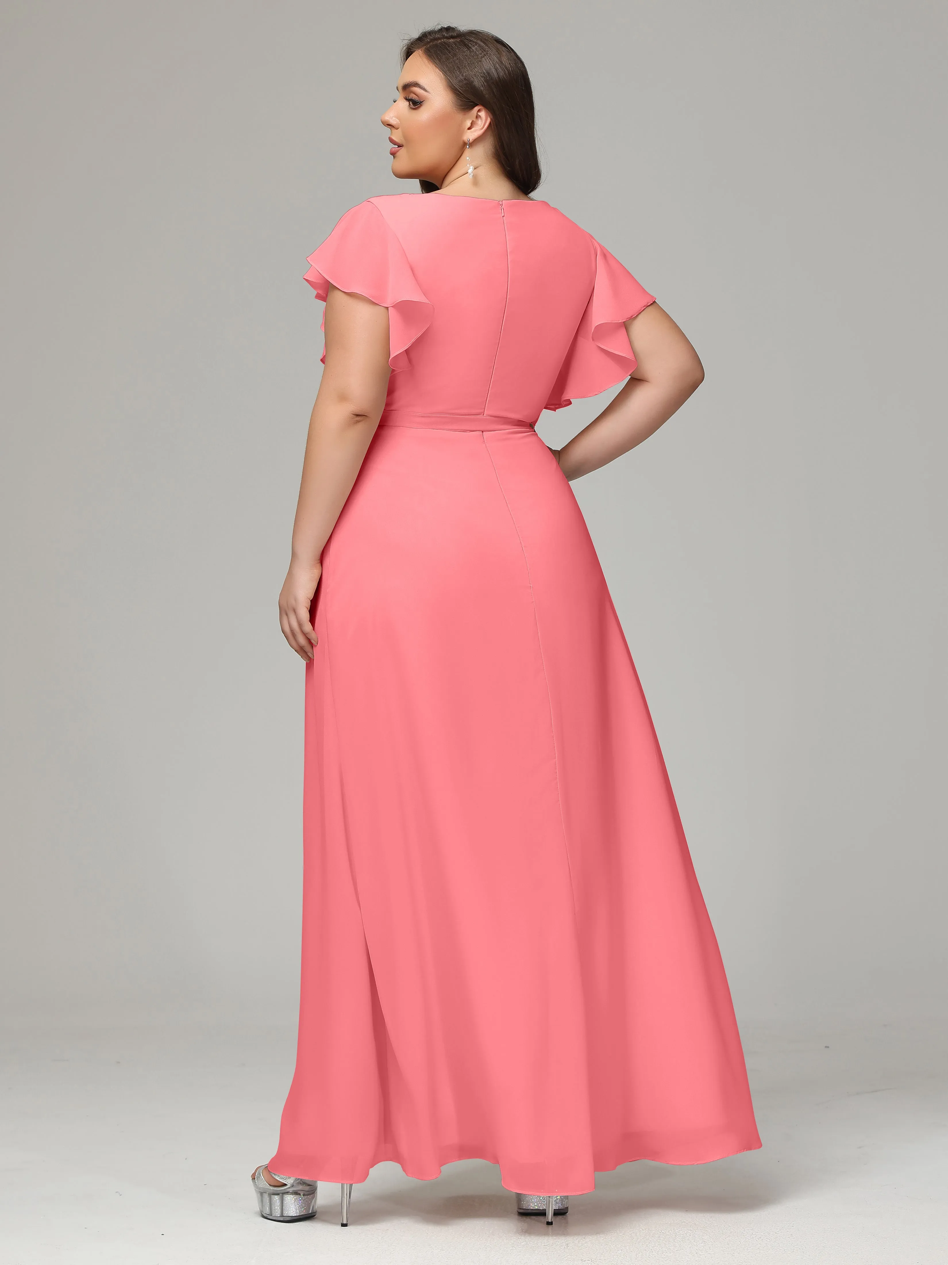 Ruffles Sleeves Chiffon Plus Size Bridesmaid Dresses