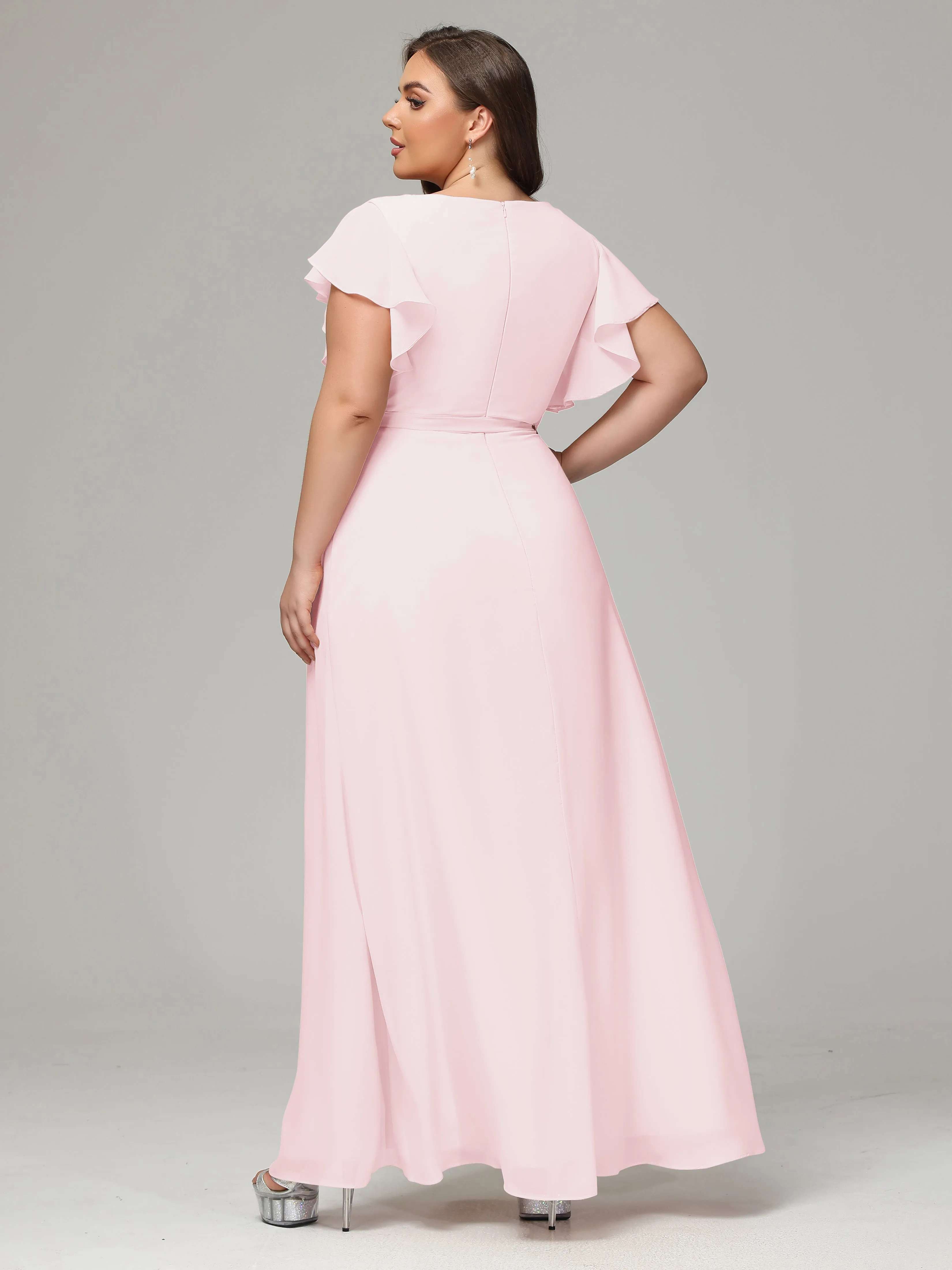 Ruffles Sleeves Chiffon Plus Size Bridesmaid Dresses