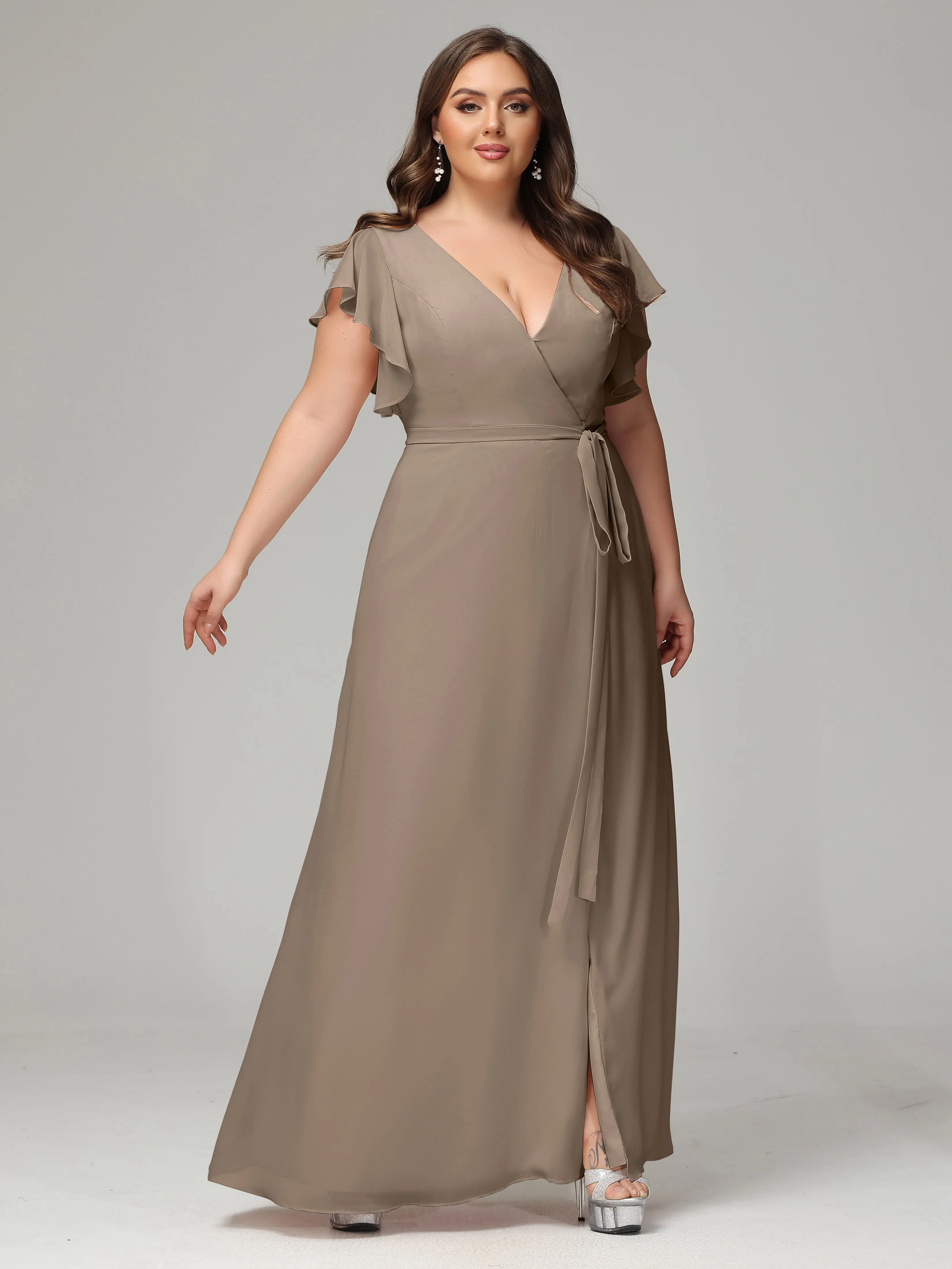 Ruffles Sleeves Chiffon Plus Size Bridesmaid Dresses