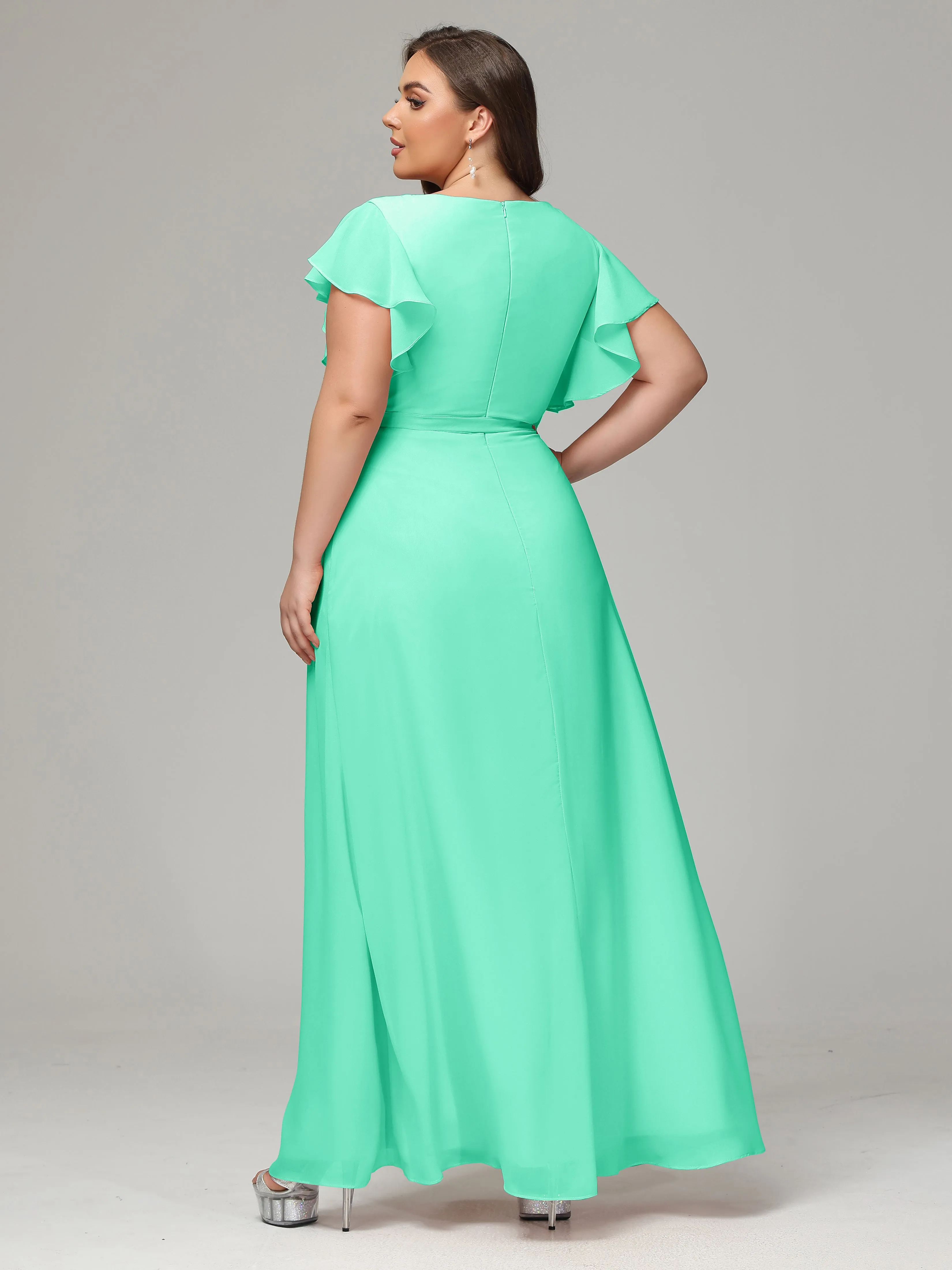 Ruffles Sleeves Chiffon Plus Size Bridesmaid Dresses