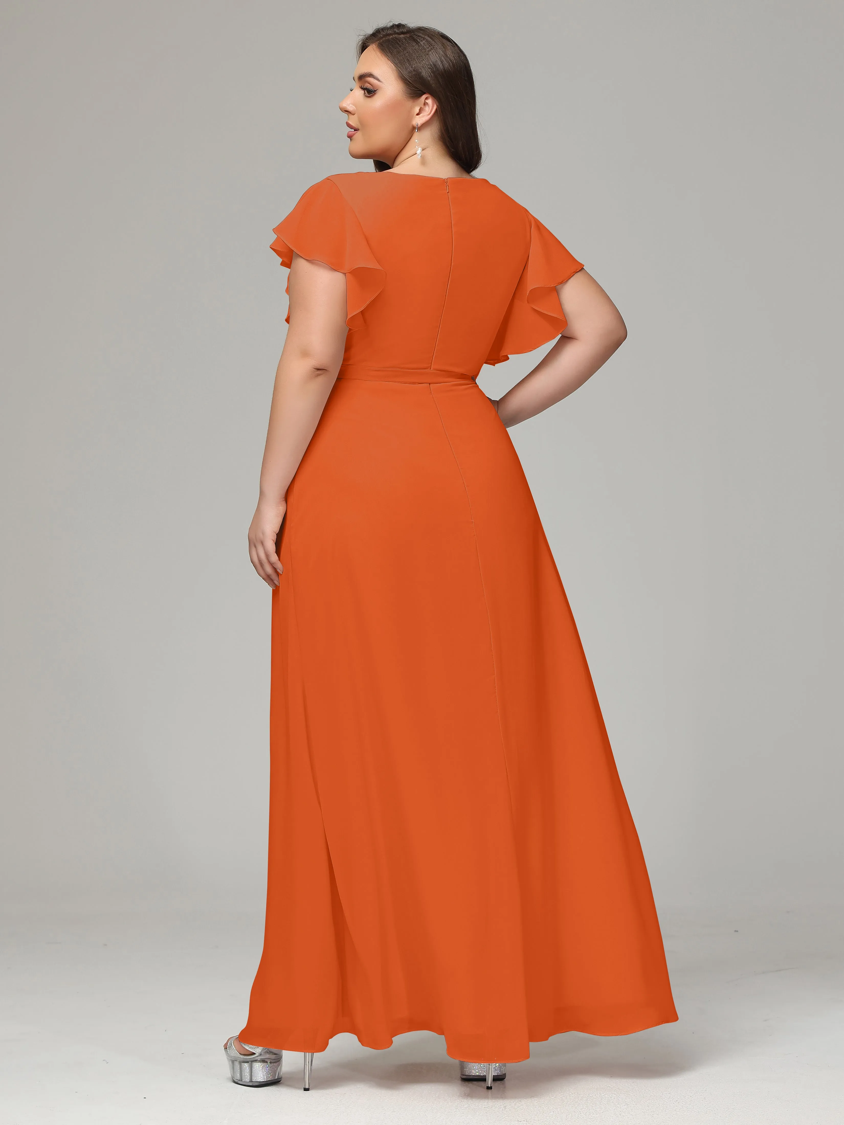 Ruffles Sleeves Chiffon Plus Size Bridesmaid Dresses