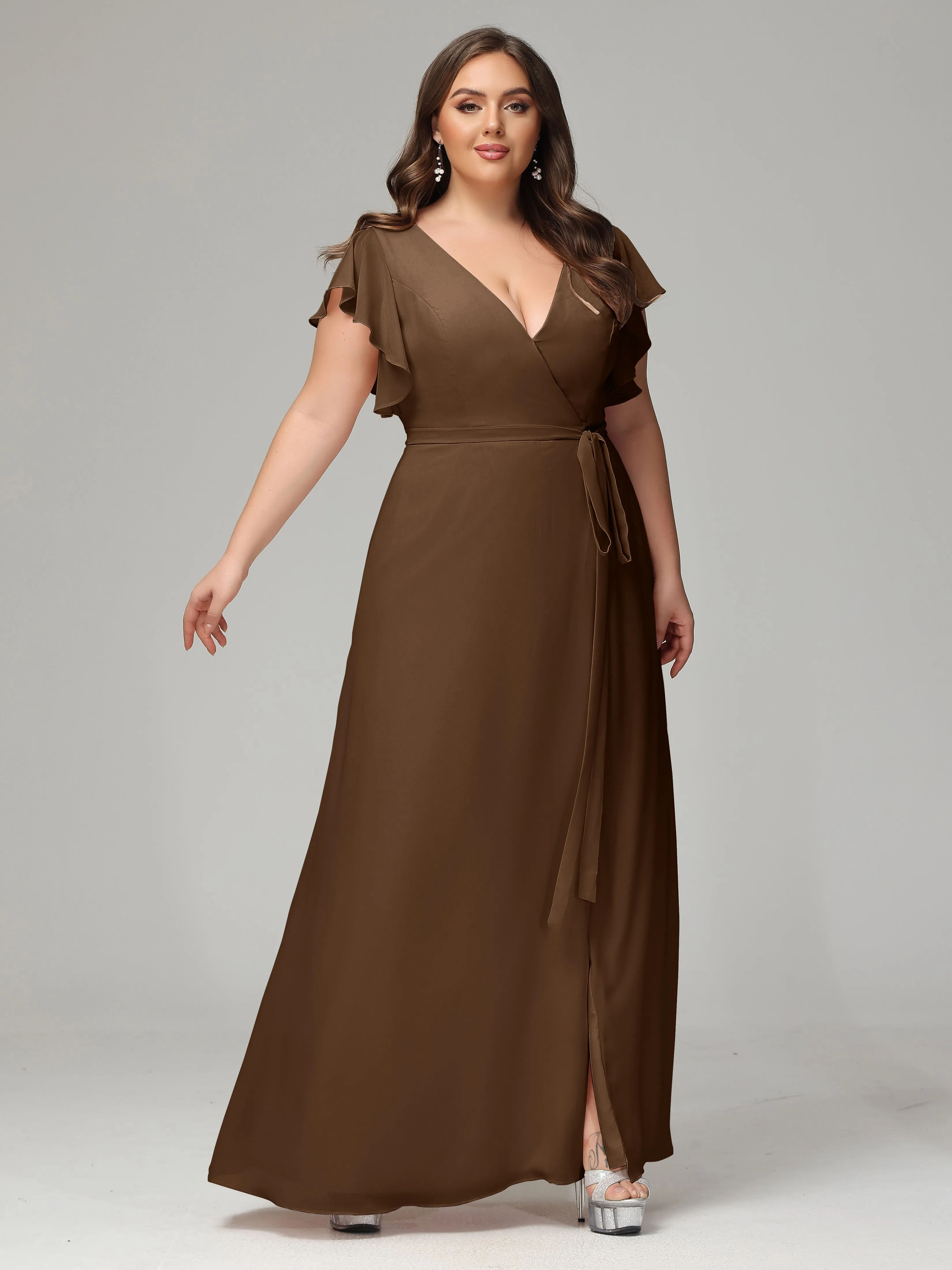 Ruffles Sleeves Chiffon Plus Size Bridesmaid Dresses