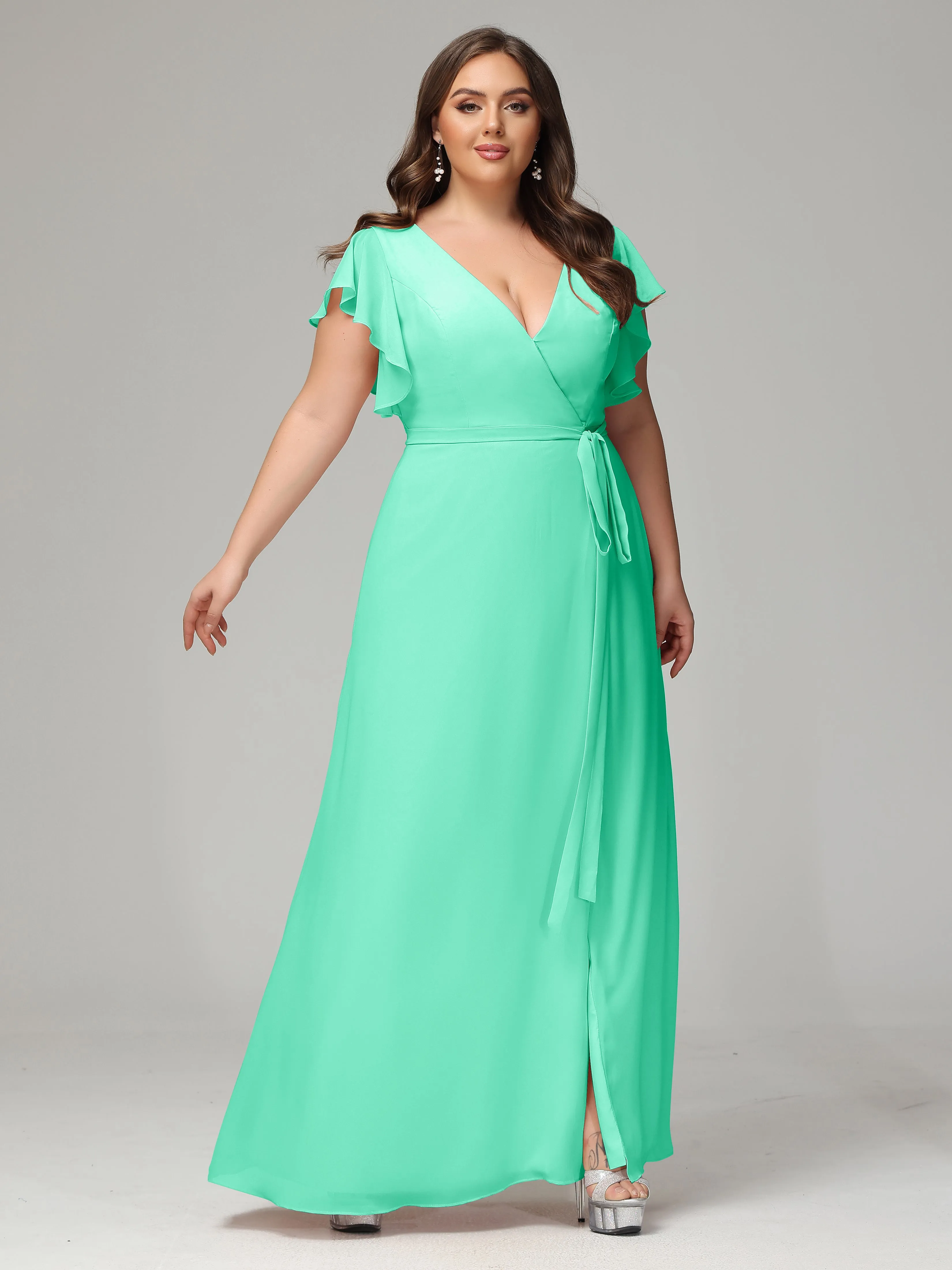 Ruffles Sleeves Chiffon Plus Size Bridesmaid Dresses