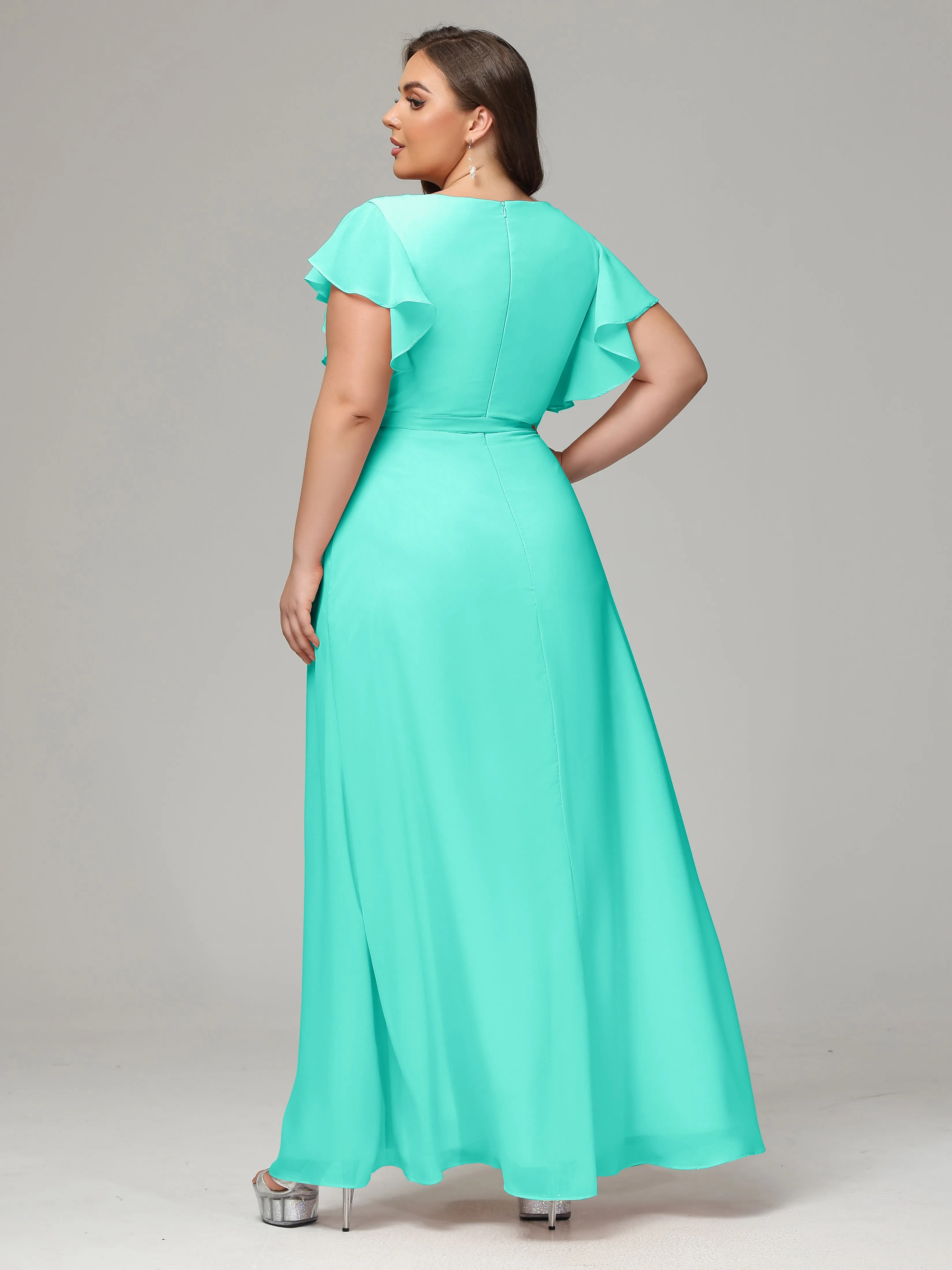 Ruffles Sleeves Chiffon Plus Size Bridesmaid Dresses