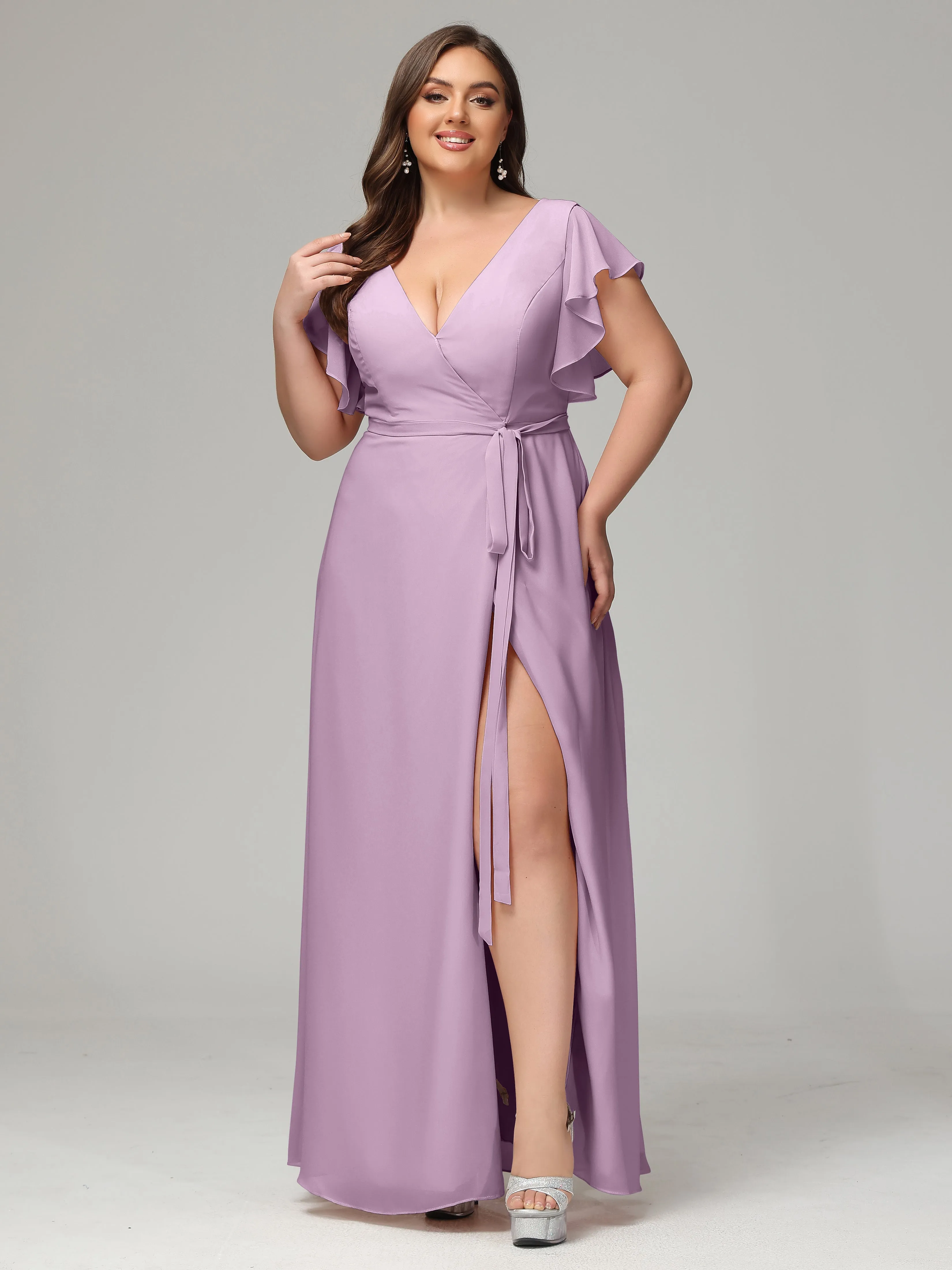 Ruffles Sleeves Chiffon Plus Size Bridesmaid Dresses