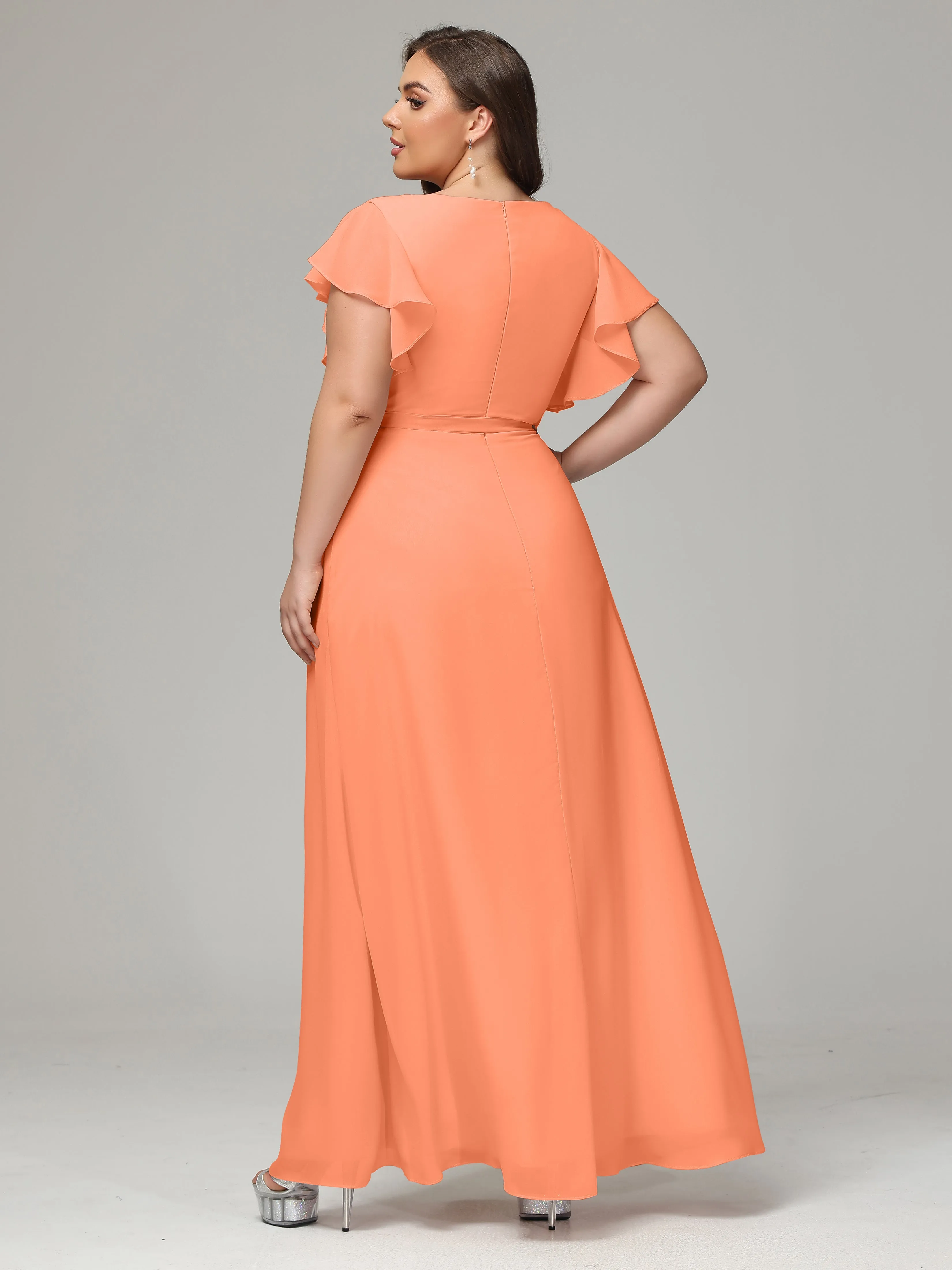 Ruffles Sleeves Chiffon Plus Size Bridesmaid Dresses