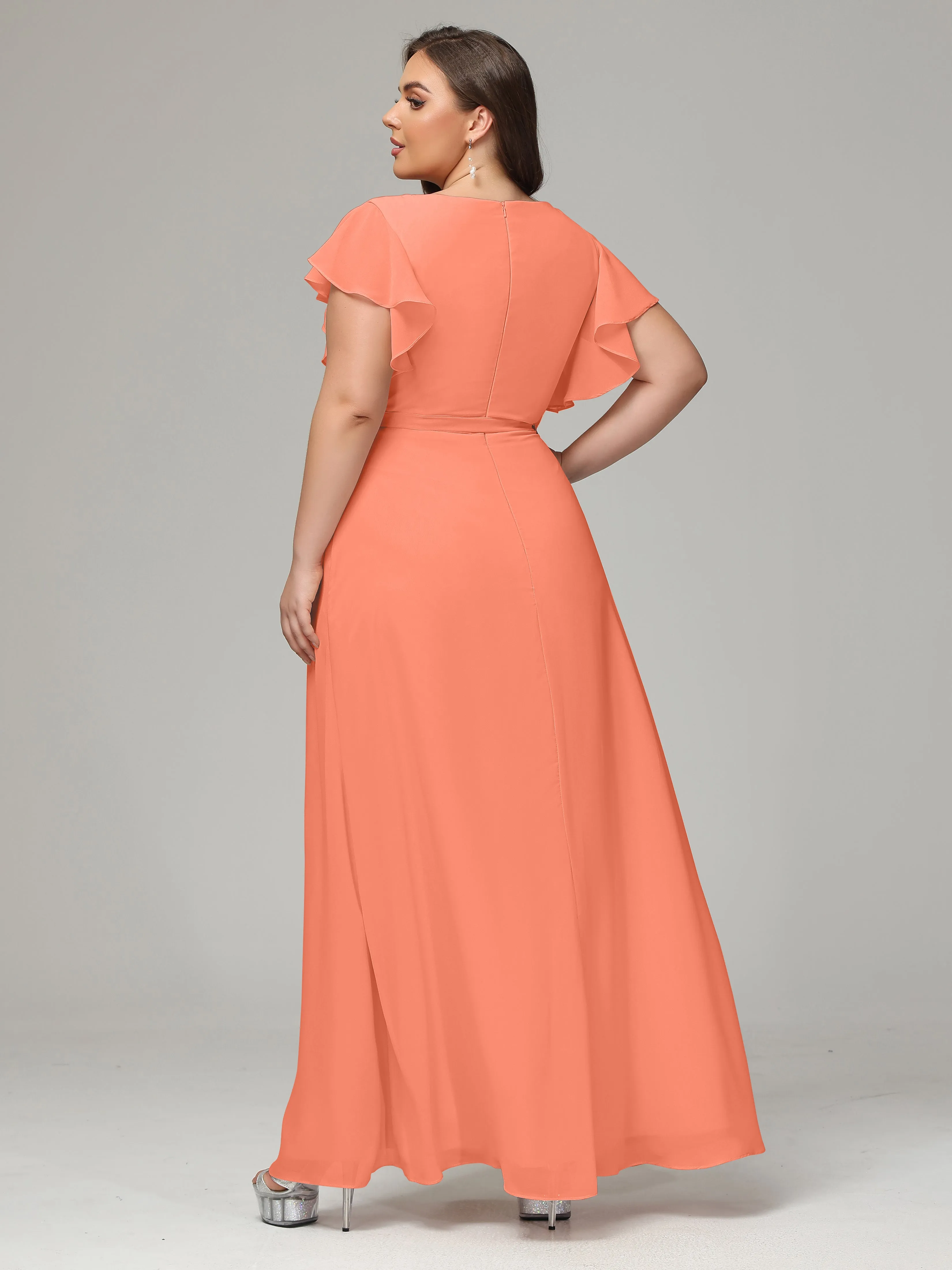 Ruffles Sleeves Chiffon Plus Size Bridesmaid Dresses