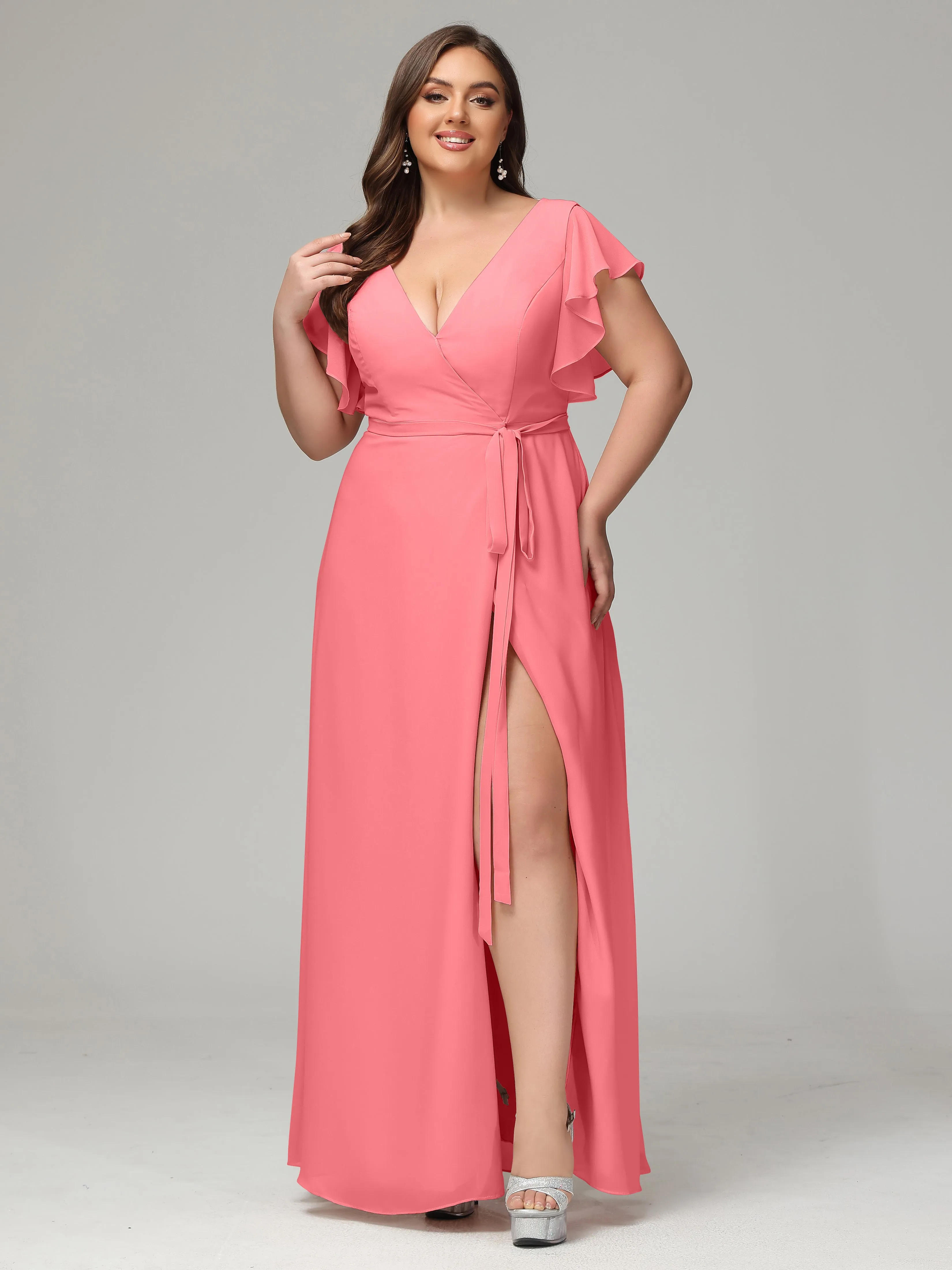 Ruffles Sleeves Chiffon Plus Size Bridesmaid Dresses