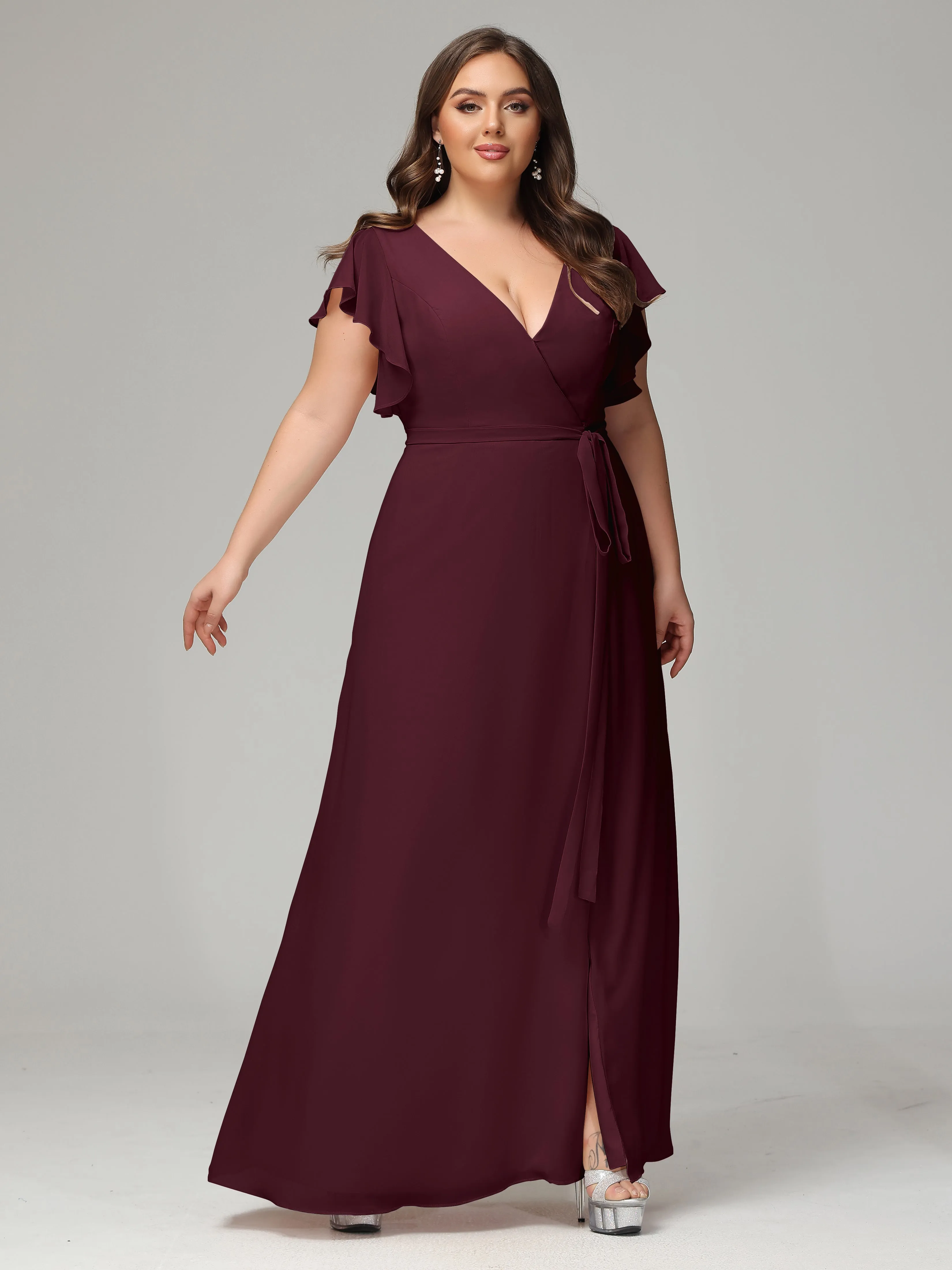 Ruffles Sleeves Chiffon Plus Size Bridesmaid Dresses